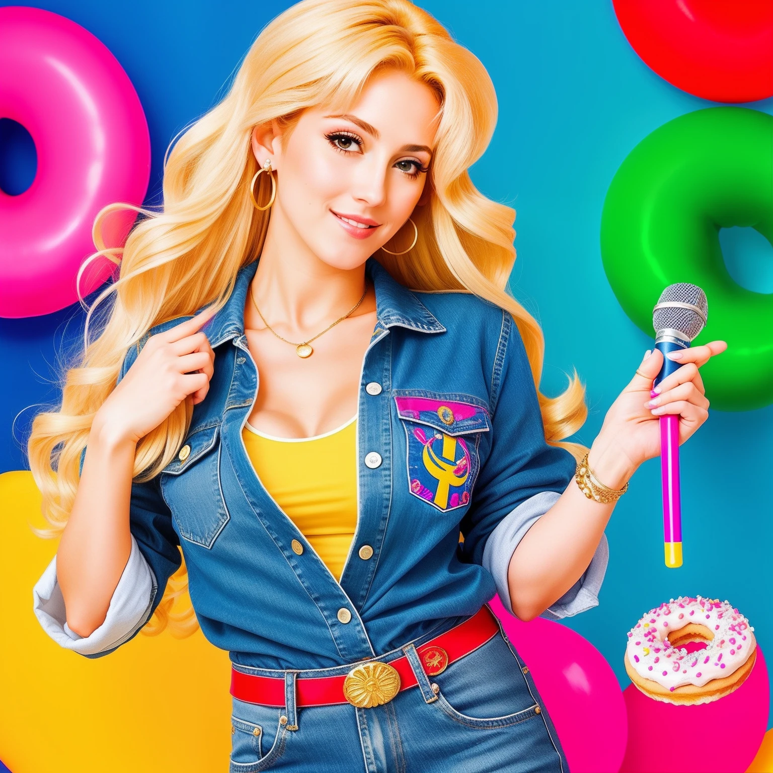"(Mature and realistic portrayal:1.2) Sailor Moon exuding confidence as she holds a microphone, her blonde hair cascading down, adorned in stylish rainbow denim clothes from the 2000s, with a backdrop filled with donuts."