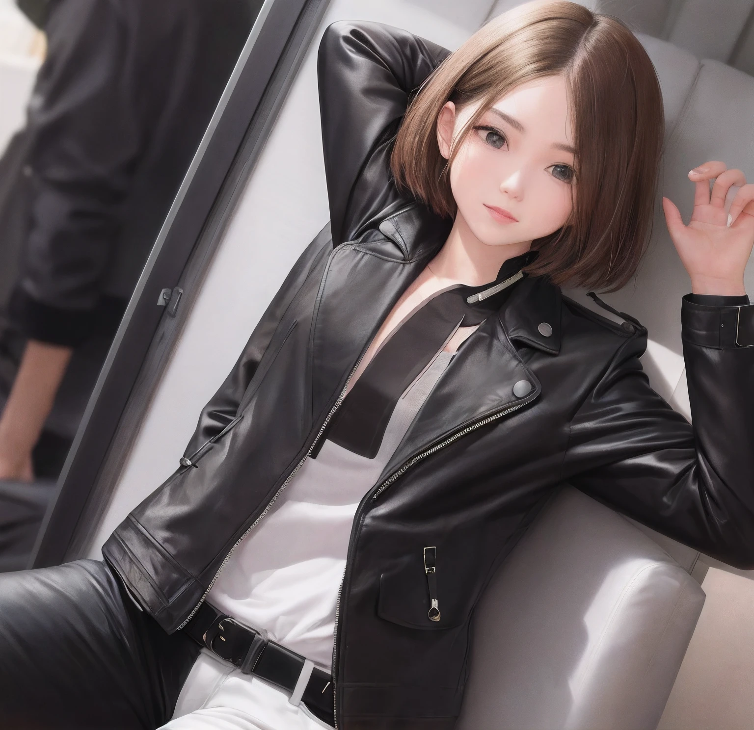 ((Medium, Tomboyish, Small Head)), (Perfect Body: 1.1), (Short Wavy Hair: 1.2), Reddish Brown, Collar, Full Body Shot, Crowded City, Leather Jacket, Long Leather Pants, White Shirt with Collar, (Very Elaborate CG 8K Wallpaper), (Very Delicate and Beautiful), (Masterpiece), (Best Quality): 1.0), (Ultra High Definition: 1.0), Beautiful Lighting, Perfect Lightning, Realistic shadows, [High Resolution], Detailed skins, Super Detail ((Colorful)), Long Boots,