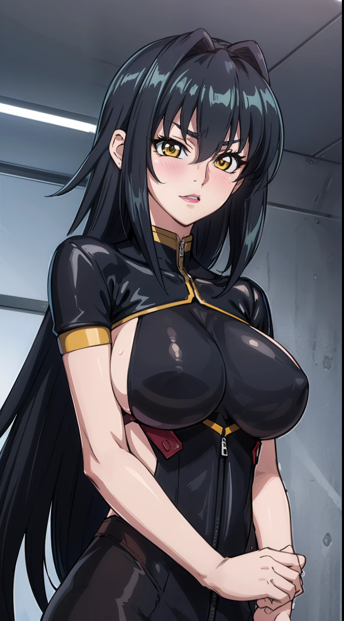 professional artwork, Intricate Details, field of view, sharp focus, detailed painting, photorealistic lighting, trending on pixiv, Standing at attention, black outfit ,yellow collared shirt,black and red bodysuit,skin_tight,black legwear, black pantyhose, Side_boob, black hair,very long hair, Bangs,yellow eyes,makeup, lipstick, 20yo,mature female,Beautiful Finger,Beautiful long legs,Beautiful body,Beautiful Nose,Beautiful character design, perfect eyes detail, perfect face, looking at viewer, NSFW,official art,extremely detailed CG unity 8k wallpaper, perfect lighting,Colorful, Bright_Front_face_Lighting, (masterpiece:1.0),(best_quality:1.0), ultra high res,ultra-detailed, hyperdetailed, photography, 8K, HDR, highres, absurdres:1.2, Kodak portra 400, film grain, blurry background, bokeh:1.2, lens flare, (vibrant_color:1.2) (Beautiful,large_Breasts:1.4), (beautiful_face:1.5),(narrow_waist), (solo:1.4), ((upper body, half body shot:1.4)), annerose:1, classroom, (blushing, shy, pretty, tsundere:1), looking at viewer, praying hands