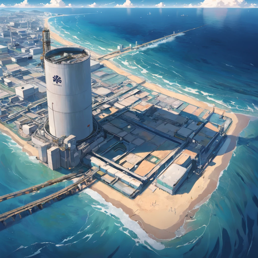 Depicting the appearance of the Fukushima nuclear power plant, Show the drain,Dumping contaminated water into the ocean. Emphasize the contrast between nuclear power plants and the vast sea
