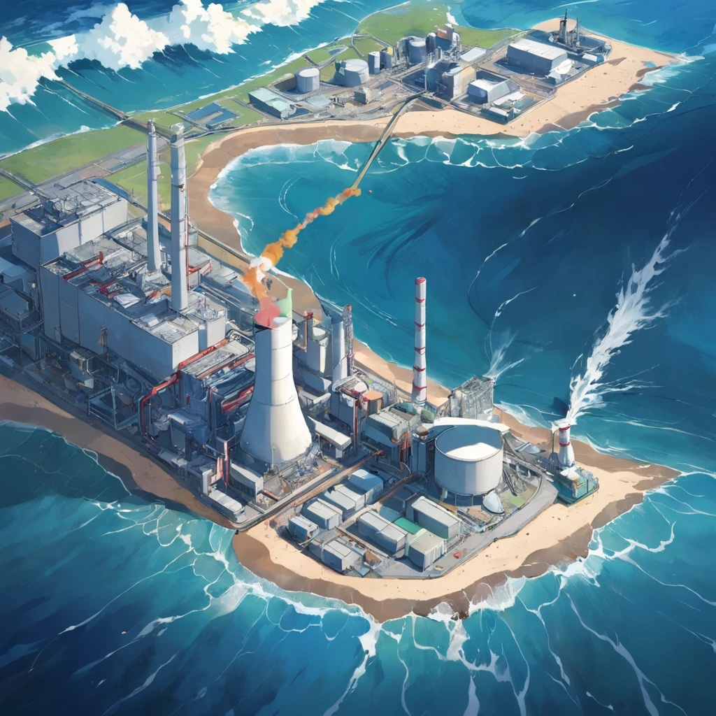 Depicting the appearance of the Fukushima nuclear power plant, Show the drain,Dumping contaminated water into the ocean. Emphasize the contrast between nuclear power plants and the vast sea