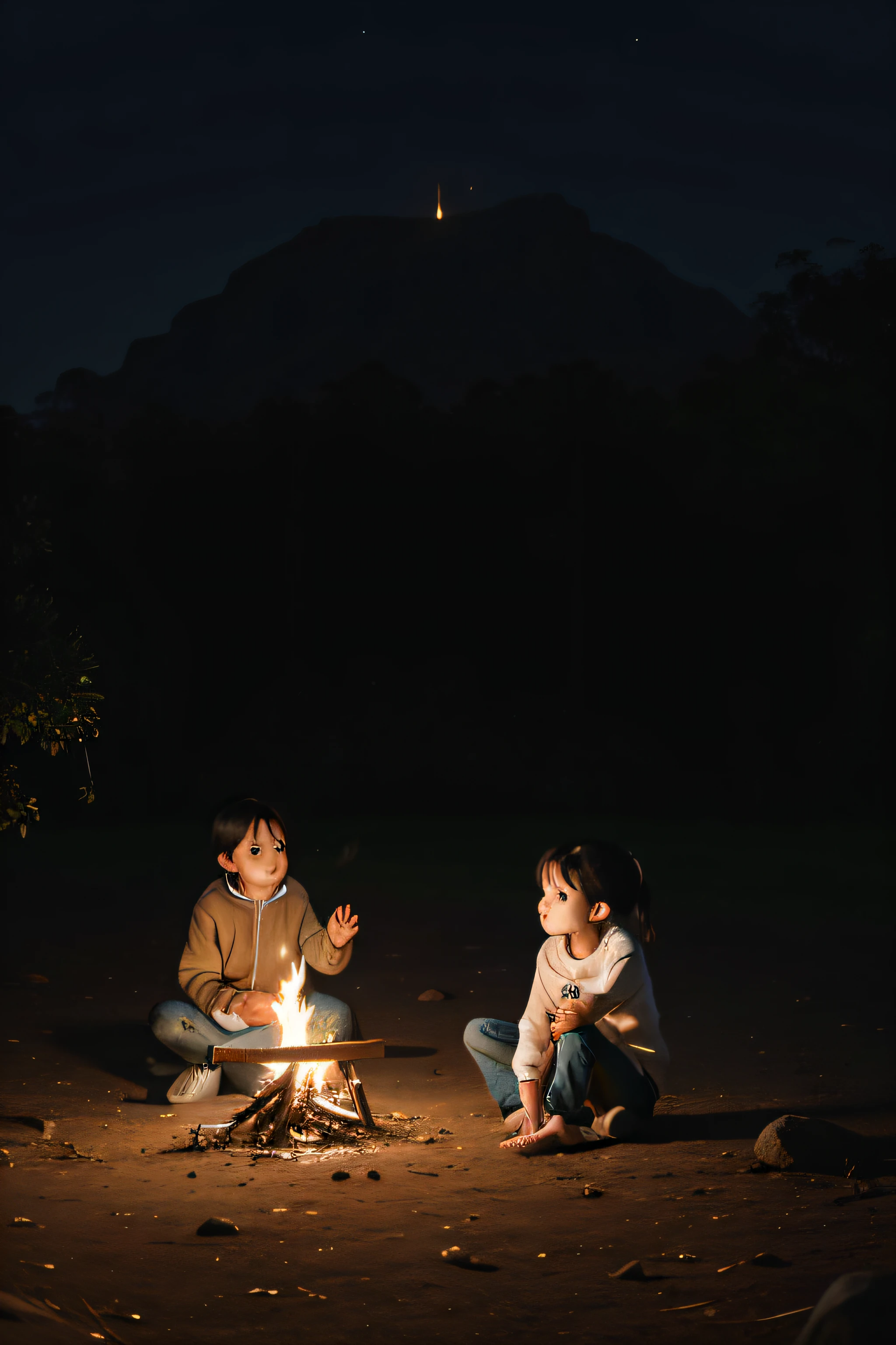 Two white 5-year-olds staring at a small campfire, Cerrado landscape with Amazonian trees.