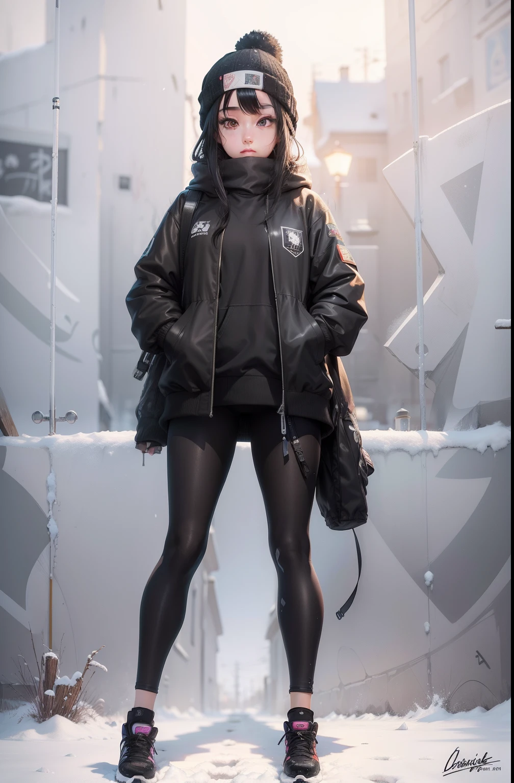 (masterpiece:1.2, best quality), (graffiti wall:1.15), 1lady, beanie, jacket, Leggings, dark black eyes, perfect symmetrical eyes, round irises,  full body, black hair, slight smile, mouth closed, Korean, 8k resolution, winter snow background Leavenworth Washington State, anime art style