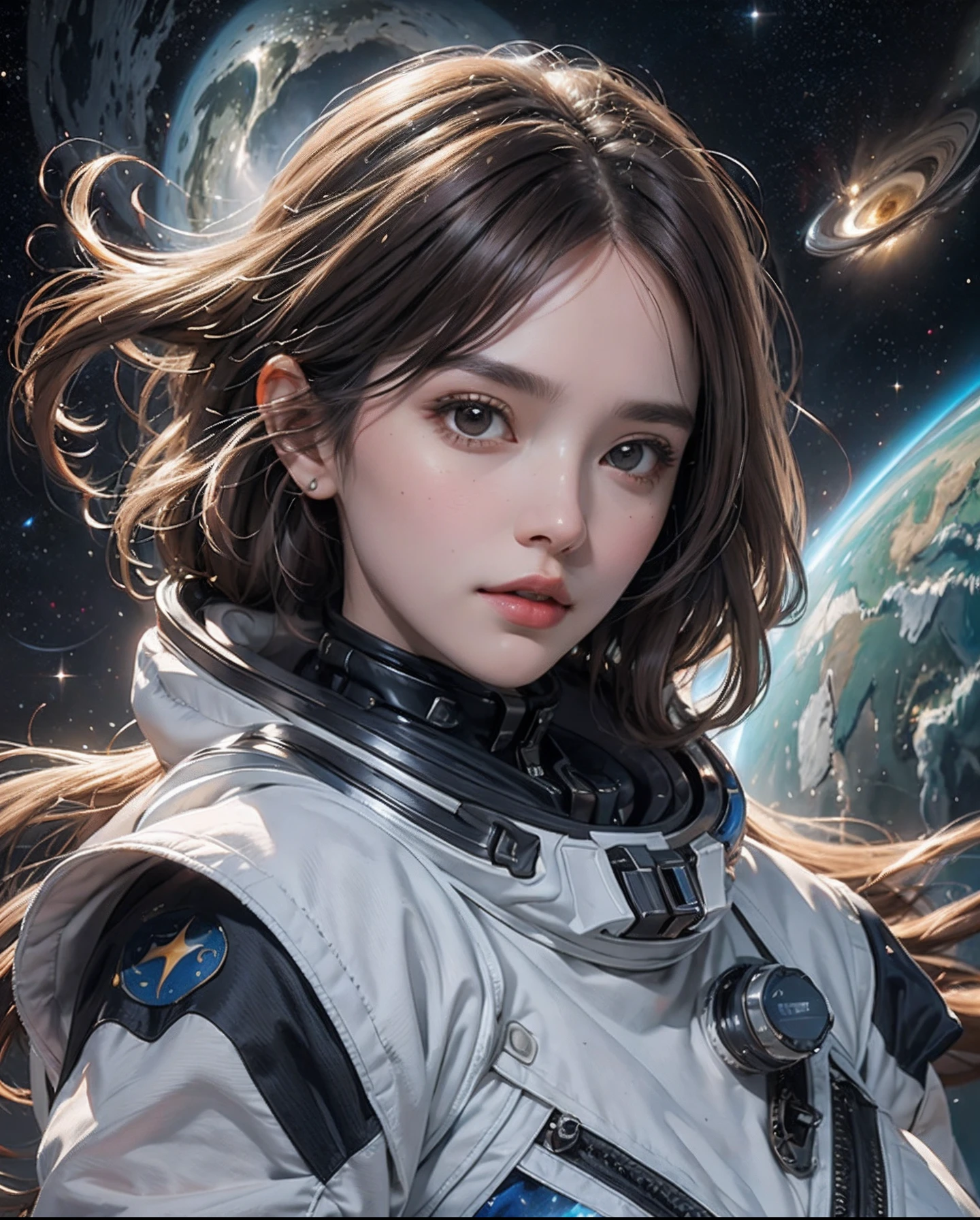 ((master)), ((best quality)), ultra-detailed CG unity 8k wallpaper, incredibly delicate and beautiful illustration, floating, high resolution, dynamic, ((1girl)), brown eyes, brown hair, astronaut suit, dark black background, stellar space, large white luminescent stars, a huge black hole in the background, colorful planets floating in a cosmic maelstrom.