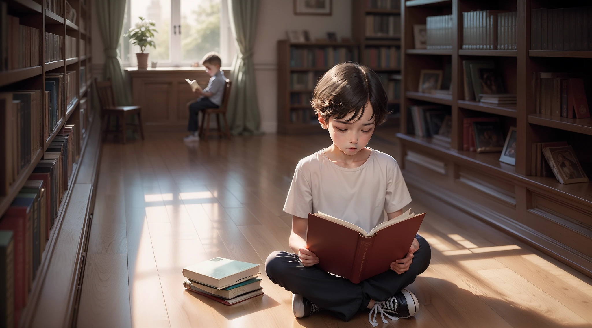 Boy sitting on the floor reading a book, reading in library, In a library,Between bookshelves,Several in the distance