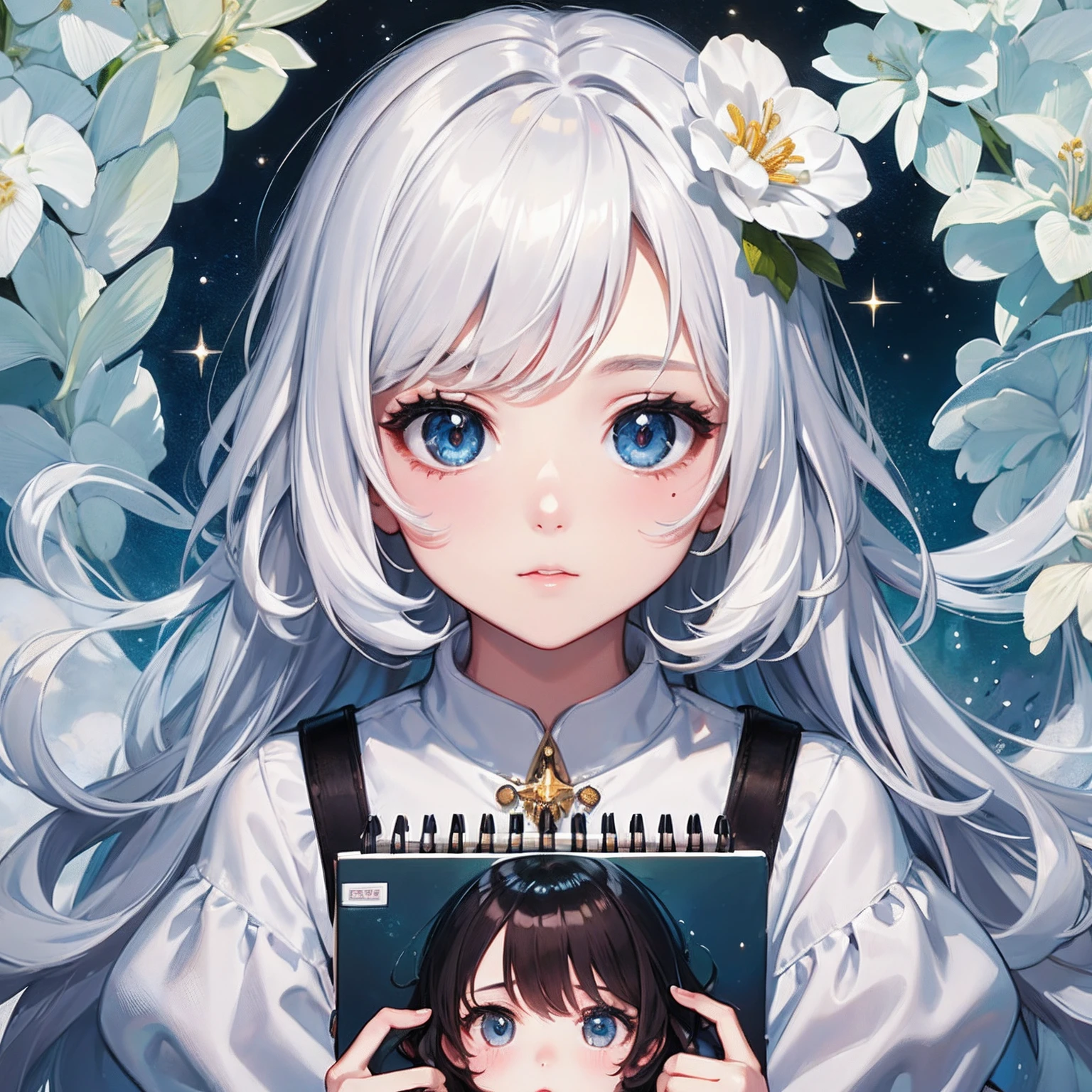 ​masterpiece、top-quality、hight resolution、High-quality images、8K、1little girl、Infant face、detaileds、Detailed eye depiction、Detailed representation of each hair、skin gloss、shinny hair、White Shorthair、hair as soft as fluff、portlate、distracted、notebook、Um ser celestial