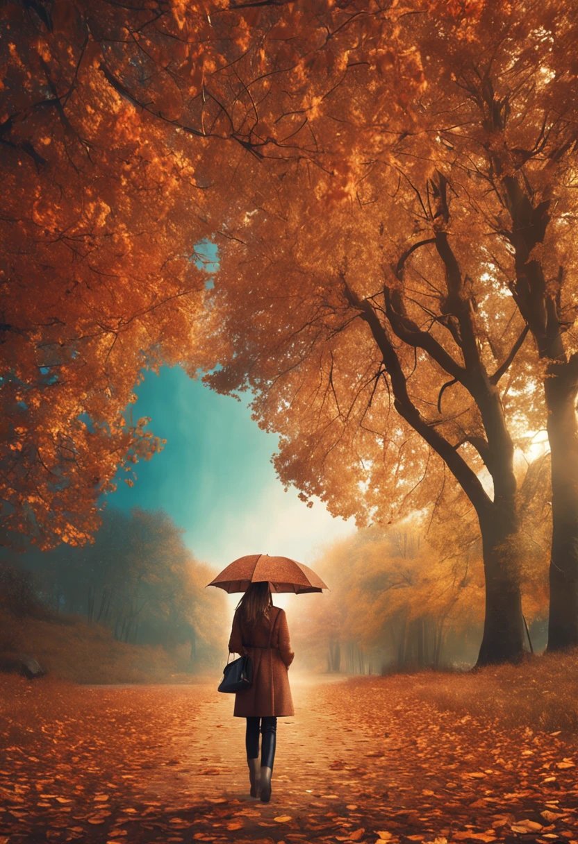 award - winning photo, (Photorealsitic:1.3) High resolution of the highest quality Top image quality hight resolution autumnal Autumn sky tree-lined street Coffee one hand stroll Adult Girls