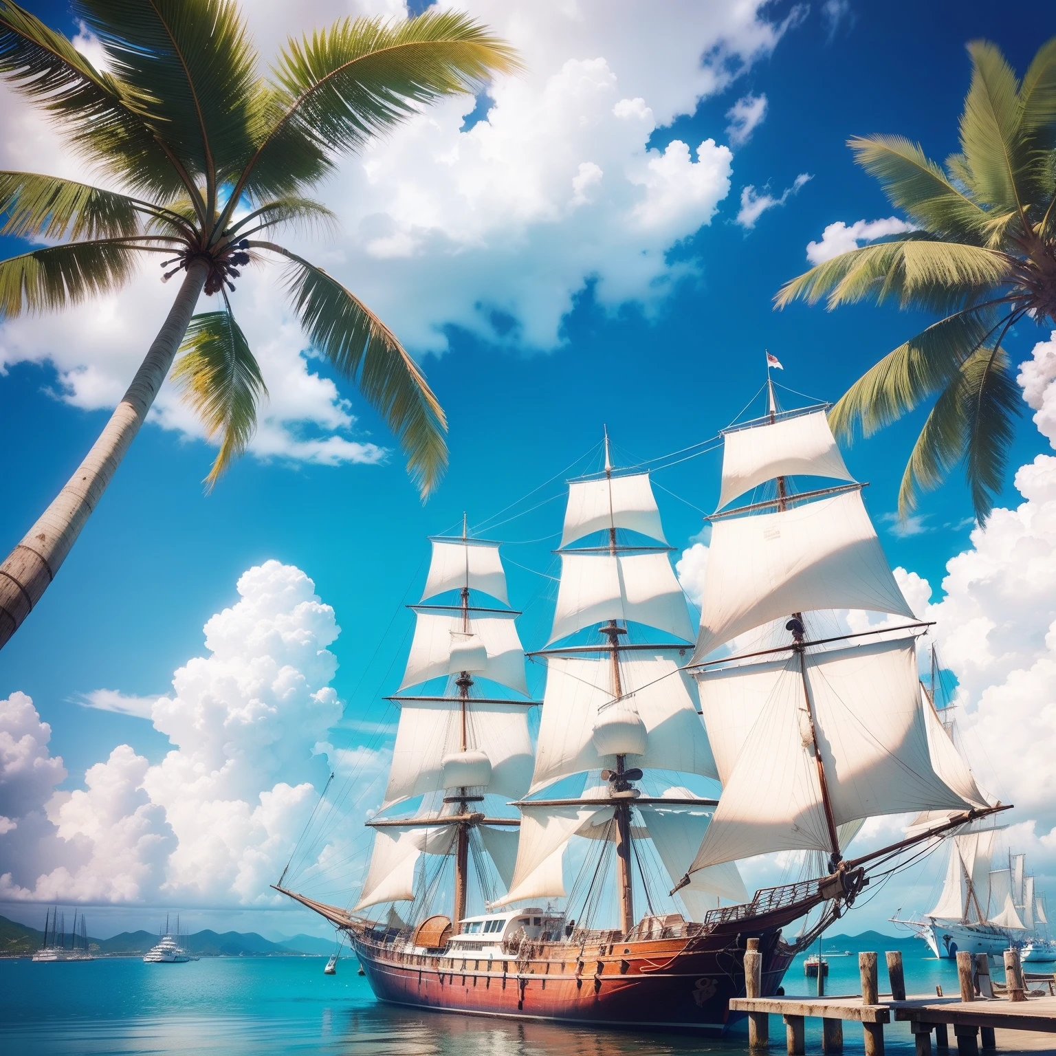 with blue sky and white clouds，Waterfront marina，coconut palms，Sail ships