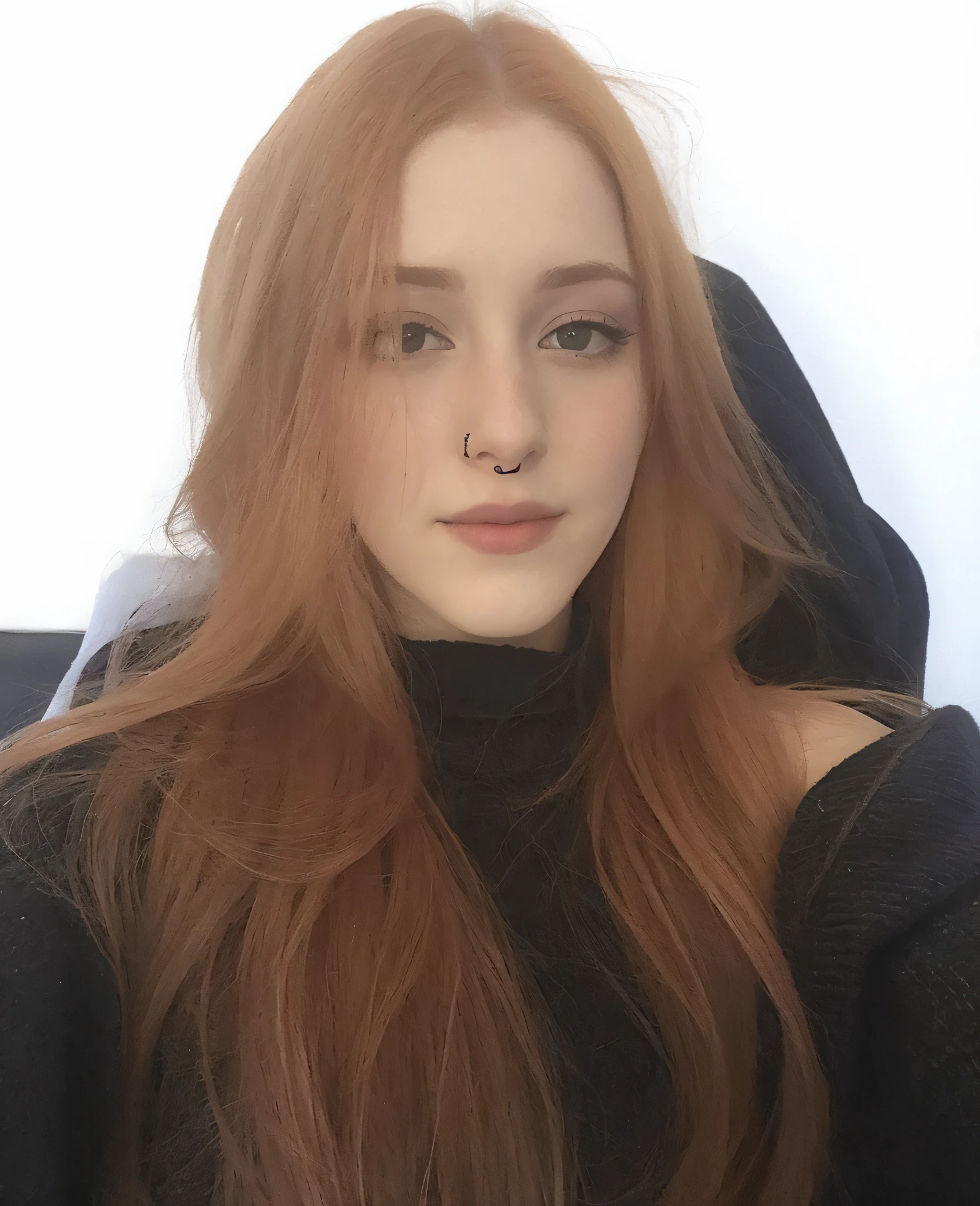 Arafed woman with long red hair and a black sweater, ela tem cabelos longos e redorange, Ela tem longos cabelos castanhos alaranjados, very very very pale white skin, very very pale white skin, 18 anos, com cabelos longos e olhos penetrantes, Amouranth, very very pale white skin, ela tem cabelos ruivos, with pale skin, extremely pale white skin