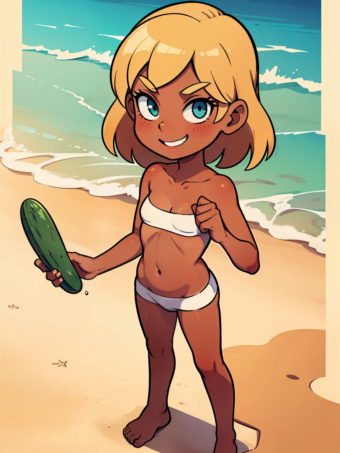 A confidently posed, tanned young girl standing naked on a sandy beach, holding a cucumber with a mischievous smirk.