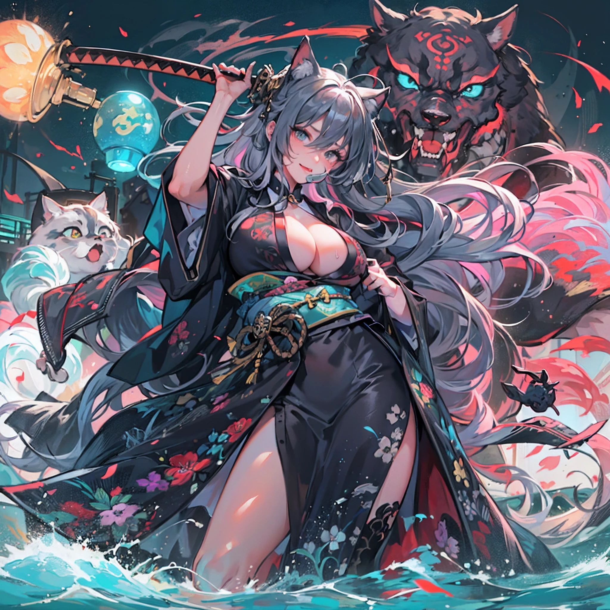 (top-quality), (masterpiece), (hight resolution), (tmasterpiece)、 cinematric light, Cinema Shadow, Sharp Image, Extremely detailed, Volumetric,(cute kittens)、1womanl,(Samurai Cosplay)、(katanas)、(heavy sweat from the body,)、(A lot of tattoos on the body)、(very long wavy hair),30-years old,Large , Huge breastsbreasted, Enlareasts, long droopi、smil、(Button-up kimono:0.7)、(Turbt colorful light) , particles effect, beautiful effects, Vivid colors, neons, Neon light, colorful water splash, clear and beautiful, Mysterious, beautifly
