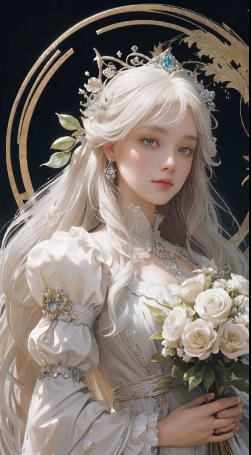 ((gorgeous princess)), (with long flowing white hair), (bright and beautiful eyes), trending on Art Station, flower of hope by Jean-Honor Fragonard, Peter mohrbacher, super detailed, crazy details , stunning sophisticated elite art nouveau ornate liquid wax elegant luxurious greg rutkowski ink style sticker vector art beautiful character design double exposure shot luminous design, winning entry, masterpiece, amoled black background,
