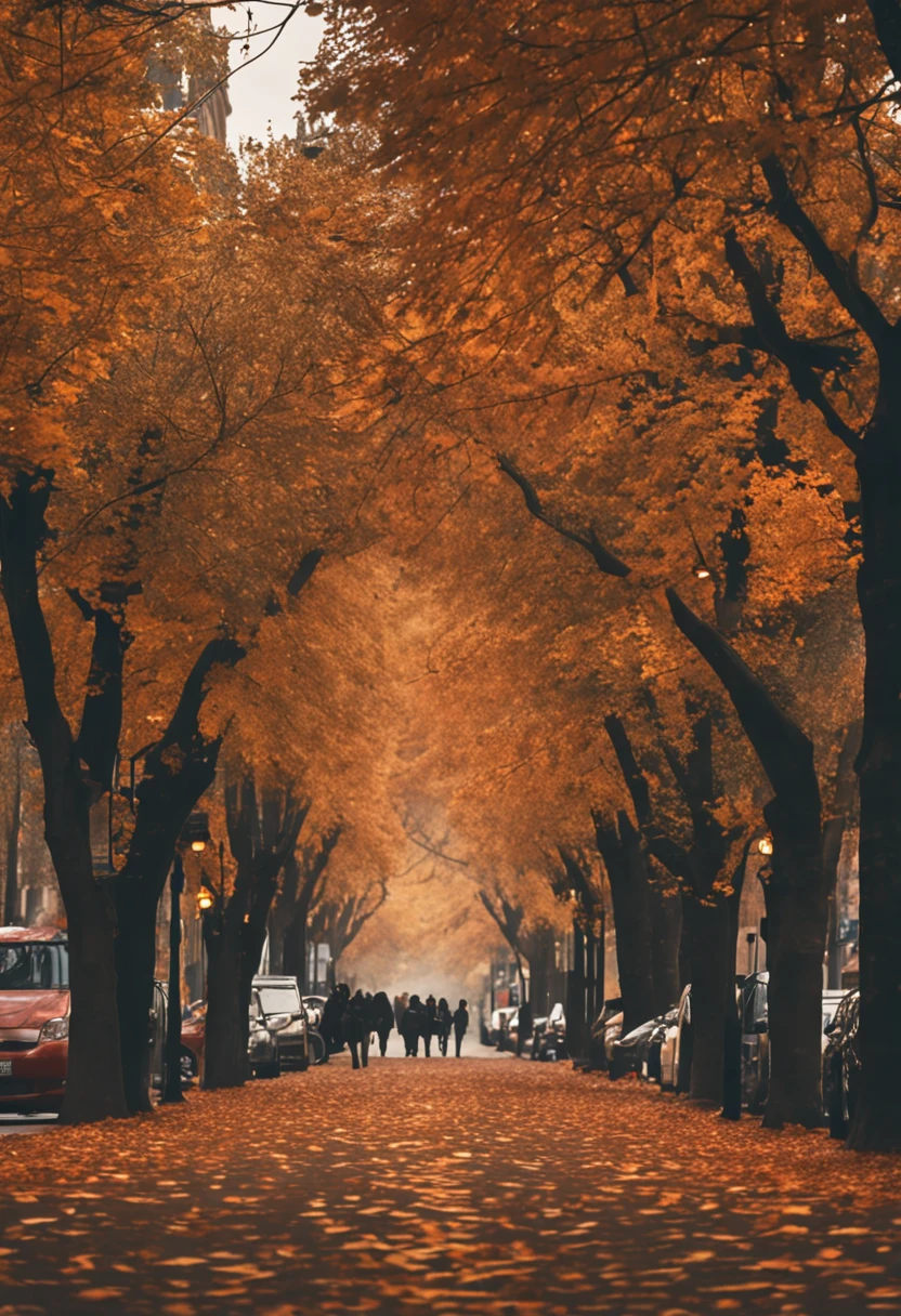 award - winning photo, (Photorealsitic:1.3) High resolution of the highest quality Top image quality hight resolution autumnal Autumn sky Autumn morning tree-lined street Commuting to work coffee stroll Adult Girls