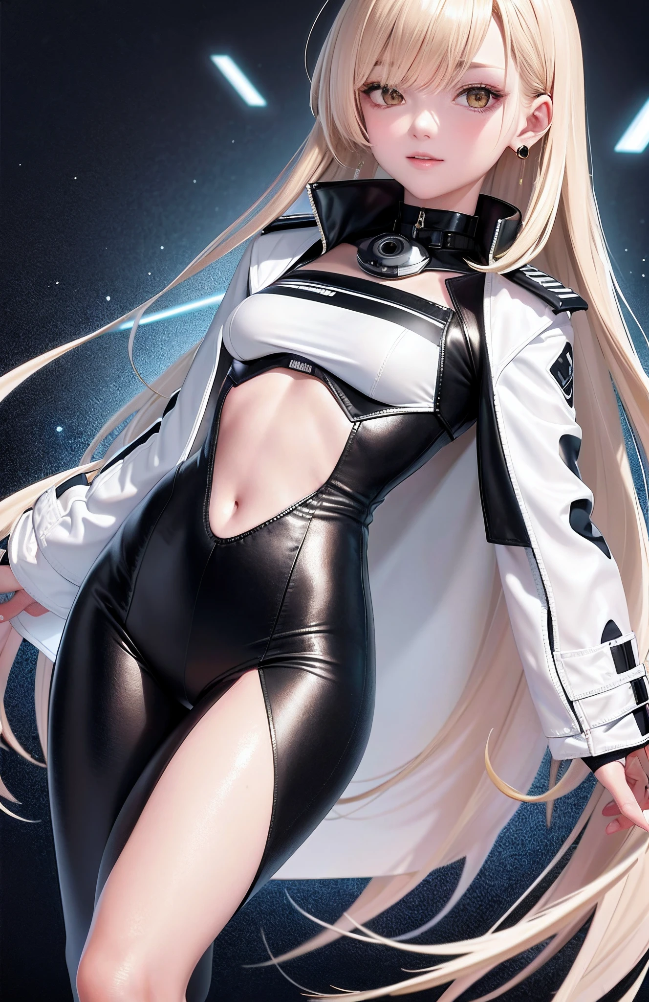 optimum,tmasterpiece,A high resolution,best qualtiy,hyper HD,super detailing,Award-Awarded,16k,独奏,((The upper part of the body)),((Bust)),anatomy correct,Beautiful cyberpunk girl,cute face,,Gradient Beige Hair,Hairline,((Bright golden eyes)),long eyelasher,Hanging eye corners,White skin of the,(small boobs),(Slim body),((Women's extra short shawl leather jacket)),((Pilot uniform)),(()),ear studs,(Neck strap),(Laser material clothing:1.2)