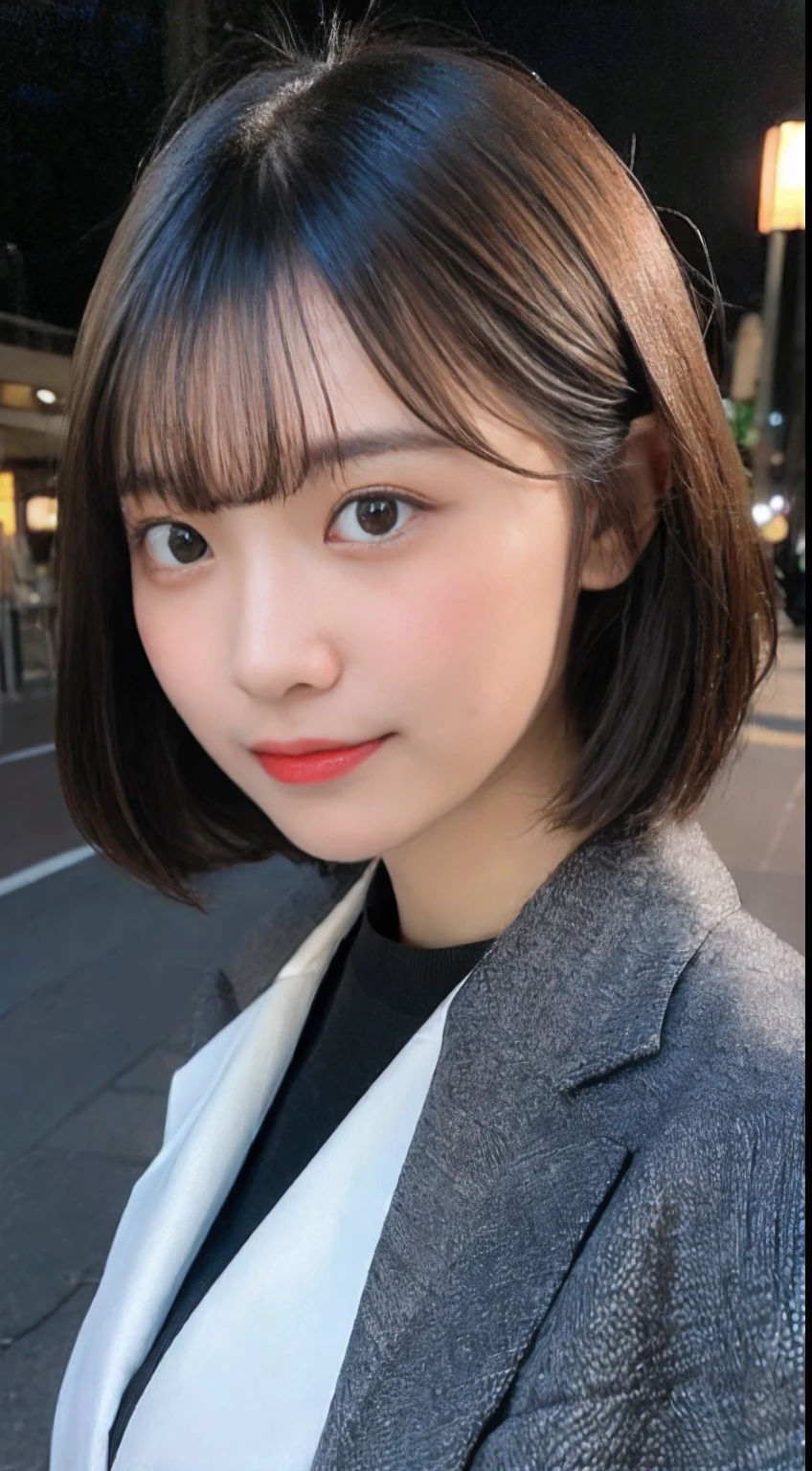 (8K、Raw photography、top-quality、masterpiece:1.2、realisitic、Photorealsitic、highcontrast、photon maping、photon maping、Photorealsitic、ultra-detailliert、profetional lighting、low angles:1.2)、(1 girl in、age19)、(Transcendent beauty Japan girls、独奏:1.5)、(standing straight ahead、Exposed thighs、full body Esbian: 1.6)、(Crisp focus:1.2)、(Beautiful woman with perfect body shape:1.4)、(Slender Abs:1.5)、(layers-Cut、Colossal tits:1.5)、(Sateen、deep in the night、Shinjuku in Japan、Bustling street、Sidewalks without people: 1.6)、(a wet body:1.4)、(Highly detailed facial and skin texture、A detailed eye、二重まぶた: 1.5)、(Bery short hair: 1.4)、beautiful countenance, (photographrealistic:1.3), Rim lighting, (High Detail Skins:1.2), Digital SLR, 8K, bokeh dof, absurderes, best ratio four finger and one thumb, (realisitic:1.3), pretty 1girl, Wearing a black formal blazer, middlebreasts, a short skirt,