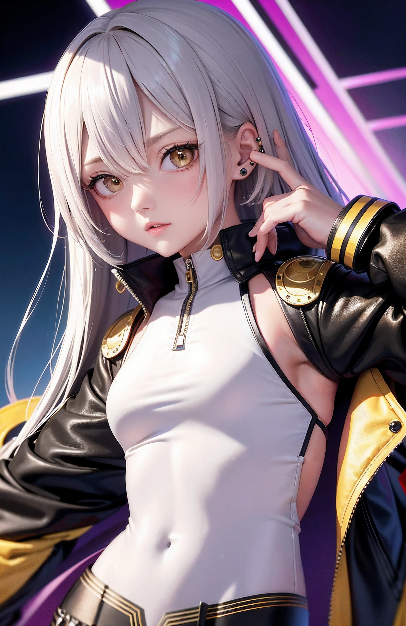 optimum,tmasterpiece,A high resolution,best qualtiy,hyper HD,super detailing,Award-Awarded,16k,独奏,(The upper part of the body),anatomy correct,Beautiful cyberpunk girl,cute face,,Gradient Beige Hair,Hairline,((Scarlet eyes)),long eyelasher,Hanging eye corners,White skin of the,(small boobs),(Slim body),((College uniforms and short jackets)),(),ear studs,(neck rings),(Laser material clothing:1.2)