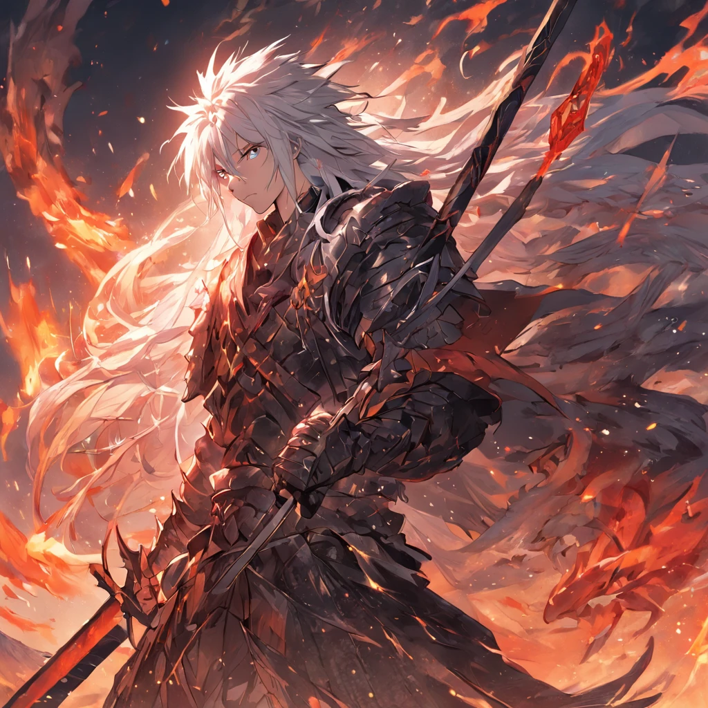 A warrior with silver hair and a long beard entwined with armor like dragon scales appeared from a rock with a giant black sword in his hand. Behind him was a dragon with flaming wings.