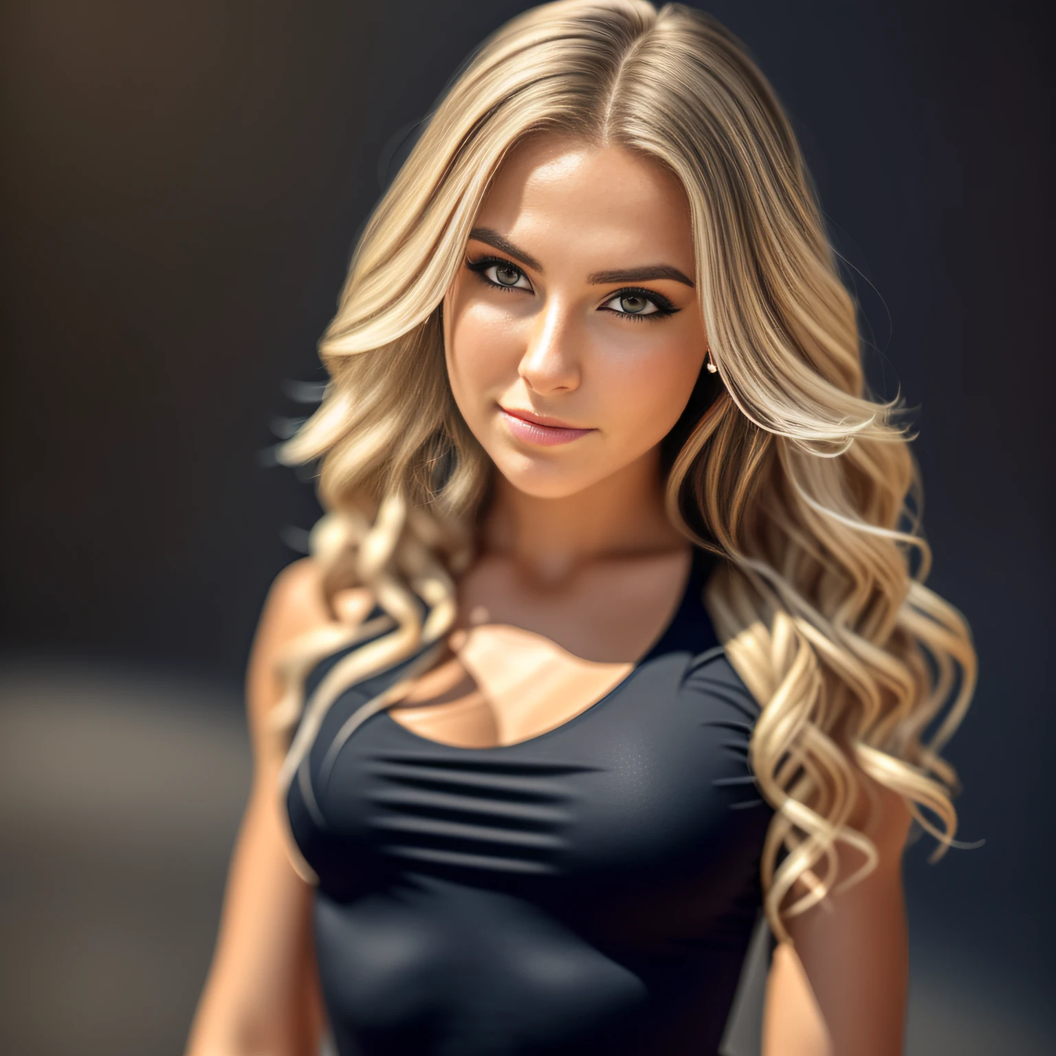 "Portrait of a stunning woman with piercing brown eyes and long flowing blonde hair, wearing a black tank top, full body, realistic, intricate details in the clothing and facial features, studio lighting to enhance the depth and realism of the image."