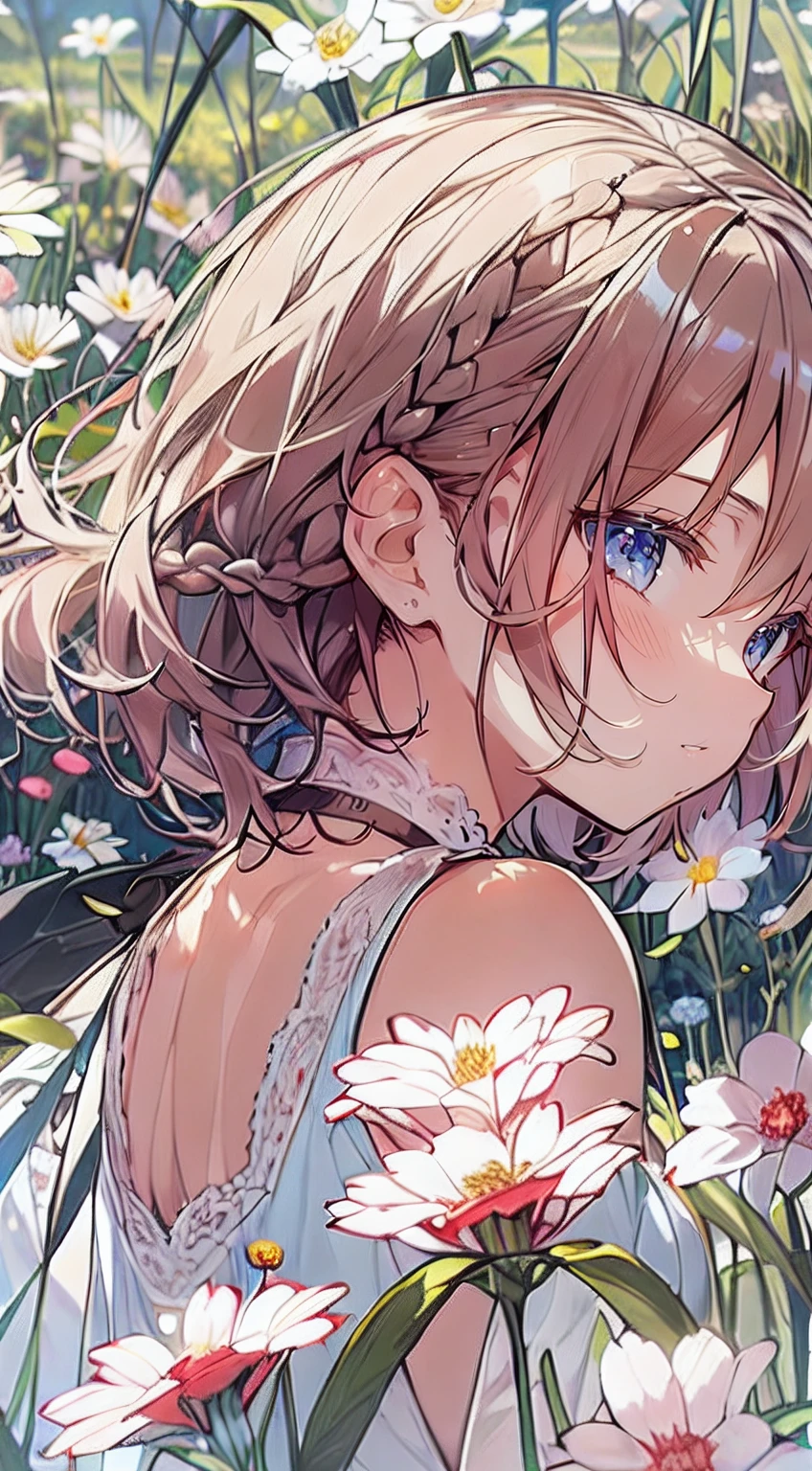masutepiece, Best Quality,Illustration, Wallpaper, Ultra Detail, Absurd beauty、1 beautiful girl、 (Medium Short-Cut Hair、short braided hair), Beautiful ultra-detailed eyes , Hair fluttering in the wind、Keep your head small、flower field、great outdoors、Landscape of the flower garden