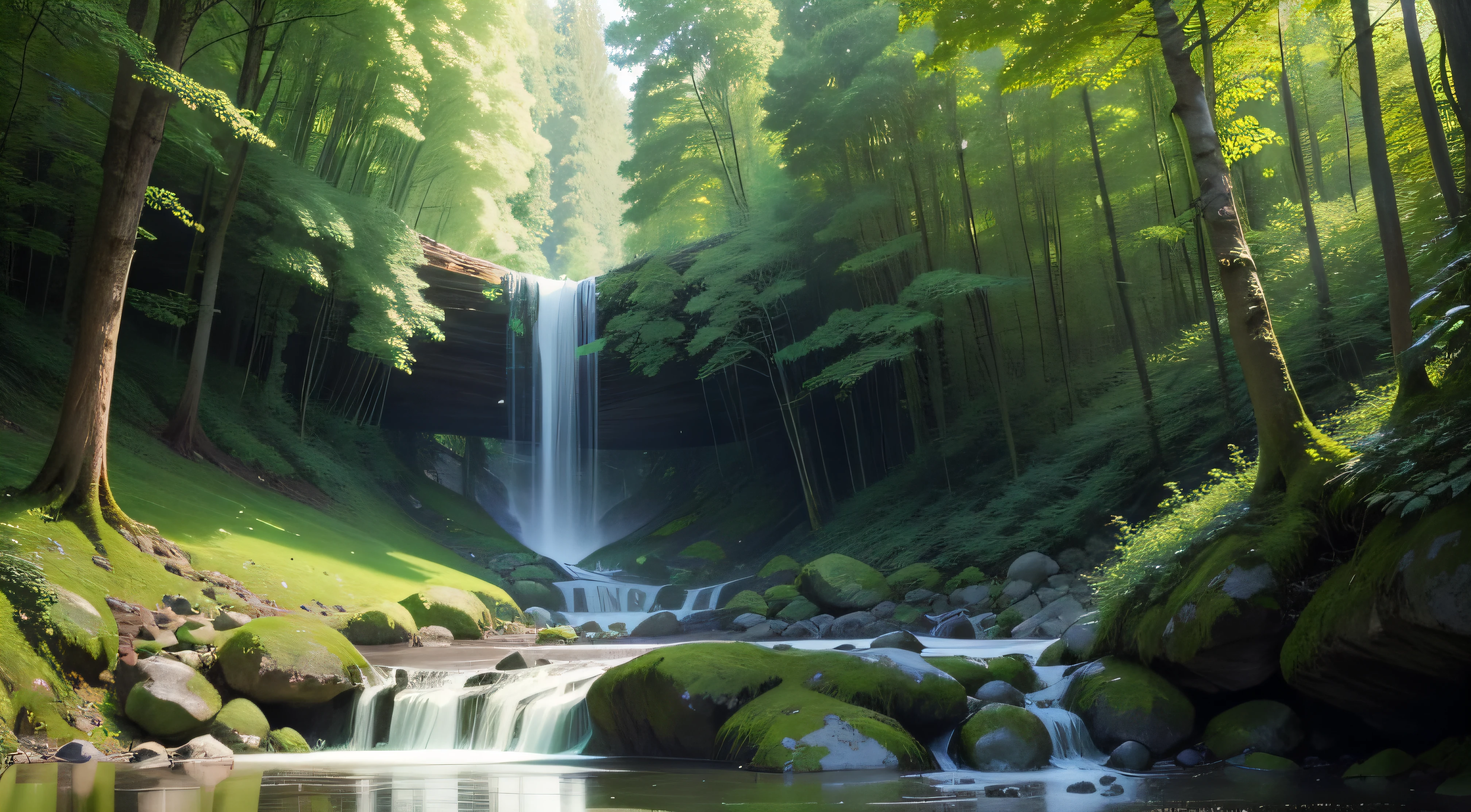 ln the forest,field,waterfallr,green color,summertime,water play
