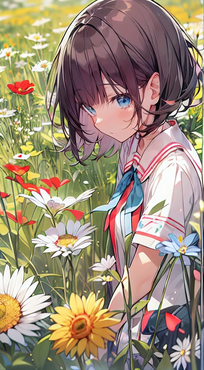 masutepiece, Best Quality,Illustration, Wallpaper, Ultra Detail, Absurd beauty、1 beautiful girl、 (Bob Cut Hair), Beautiful ultra-detailed eyes , Hair fluttering in the wind、Keep your head small、flower field、great outdoors、Landscape of the flower garden