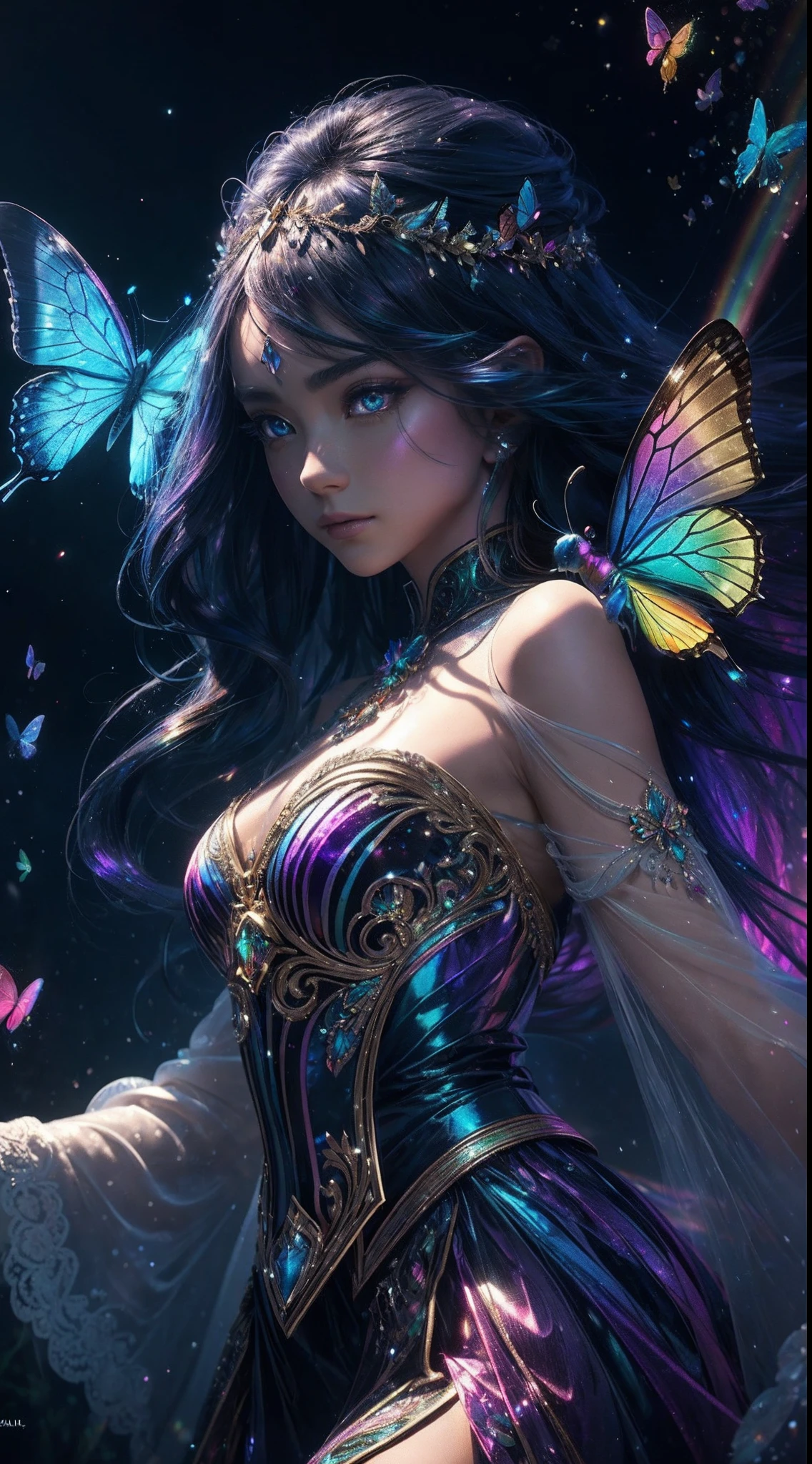 a colorful butterfly, intricate clockwork, glowing spider web, night light, 1girl, beautiful detailed eyes, beautiful detailed lips, extremely detailed face and eyes, long eyelashes, elegant dress, portrait, fantasy, vibrant colors, cinematic lighting, dramatic shadows, award winning digital art, masterpiece, ultra-detailed, 8k, photorealistic