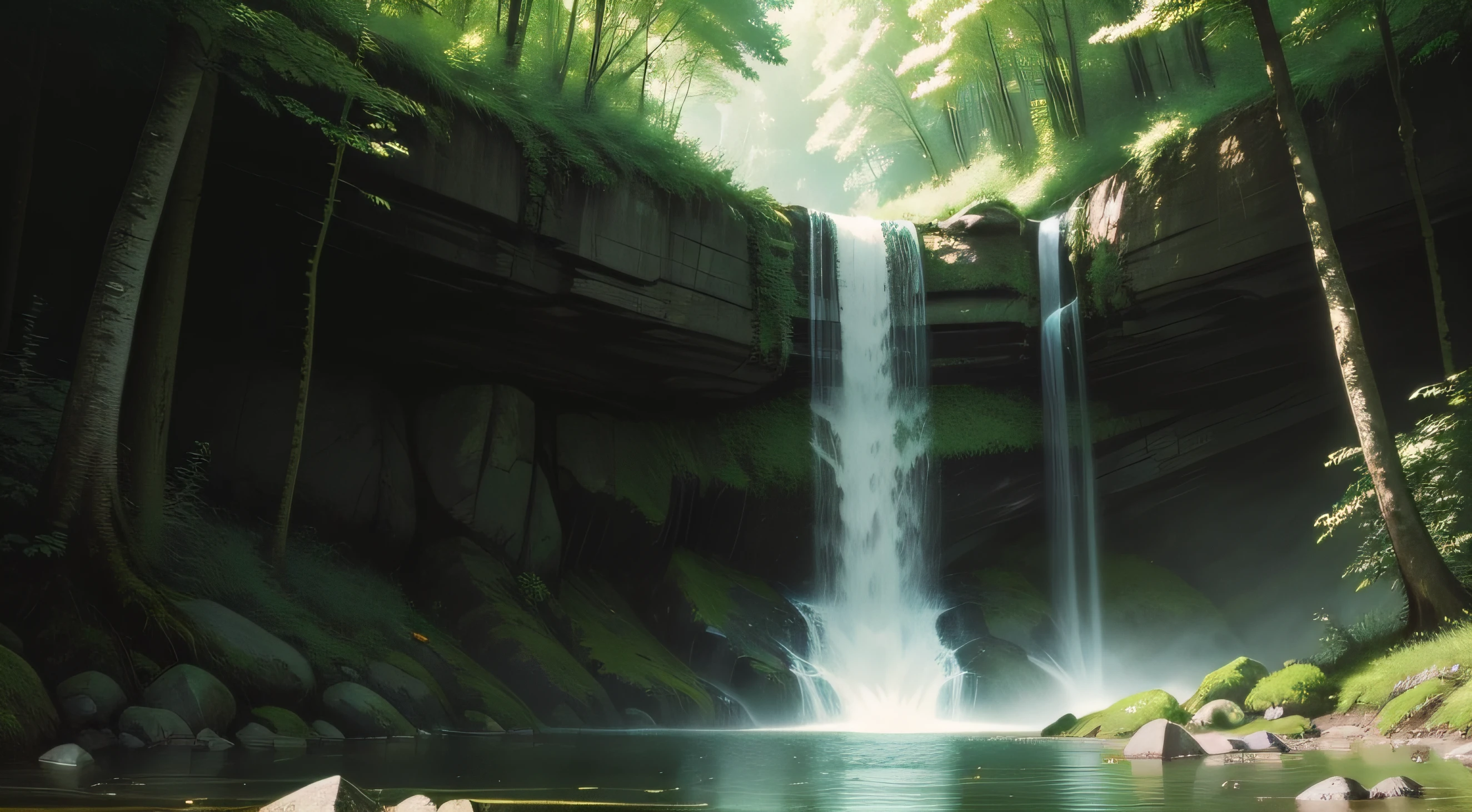 ln the forest,field,waterfallr,green color,summertime,water play