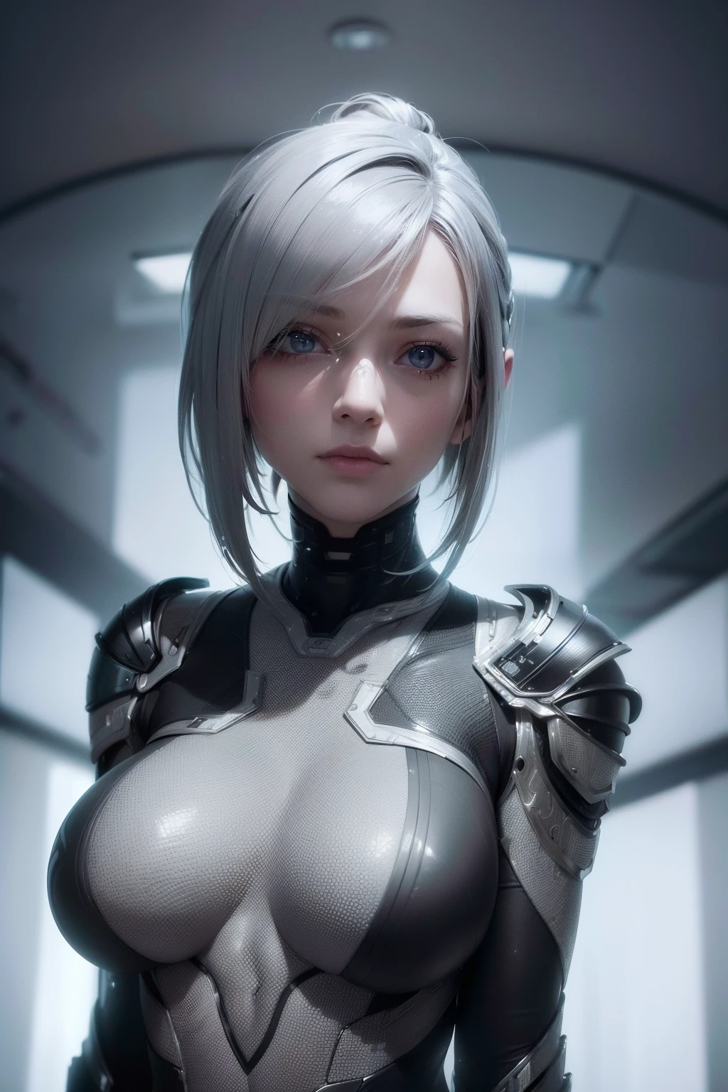 (((biologicpunk aesthetic))) bust to waist ((half body)) ((beauty slim shape)) perfect skin, hyperrealistic masterpiece, (((in extremely complex & superdetailed gray plugsuit sci-fi armor))), cinematic illumination: 8k, symmetrical eyes, realistic, sharp focus, HD, highly detailed, intricate, photography, hyperrealism, hyperrealistic, film, studio portrait, detailed, dramatic lighting, maximum definition and sharpness, (((highly detailed external lighting)))