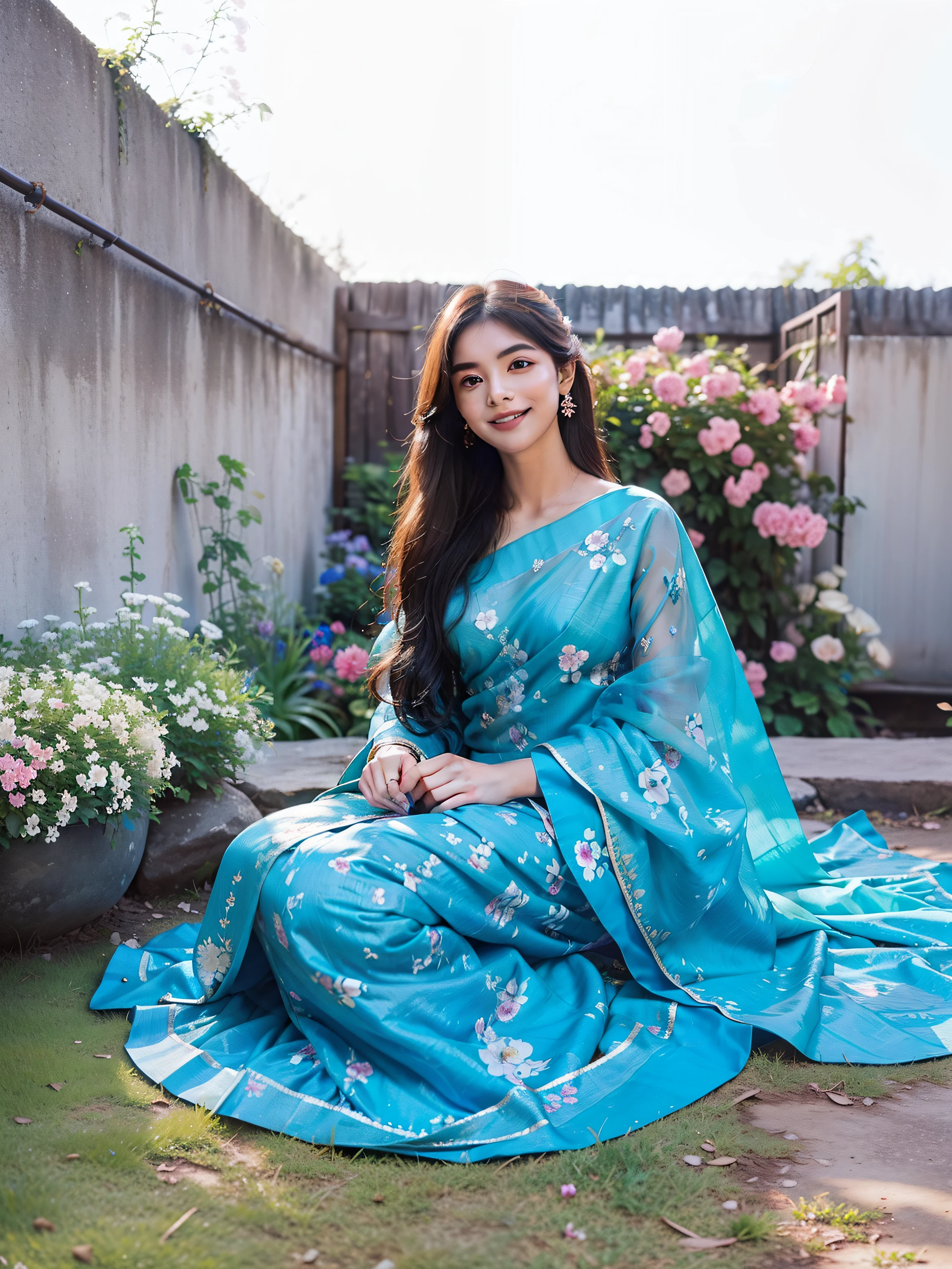 In this photograph, the beautiful lady exudes a captivating saree as she poses amidst a sea of flowers. Her flowing dress matches the hues of the blooms, creating a harmonious blend with the natural world. Soft sunlight filters through the foliage, illuminating her little smile. The photograph showcases her as a goddess of nature, embodying the beauty and grace of a blooming garden.