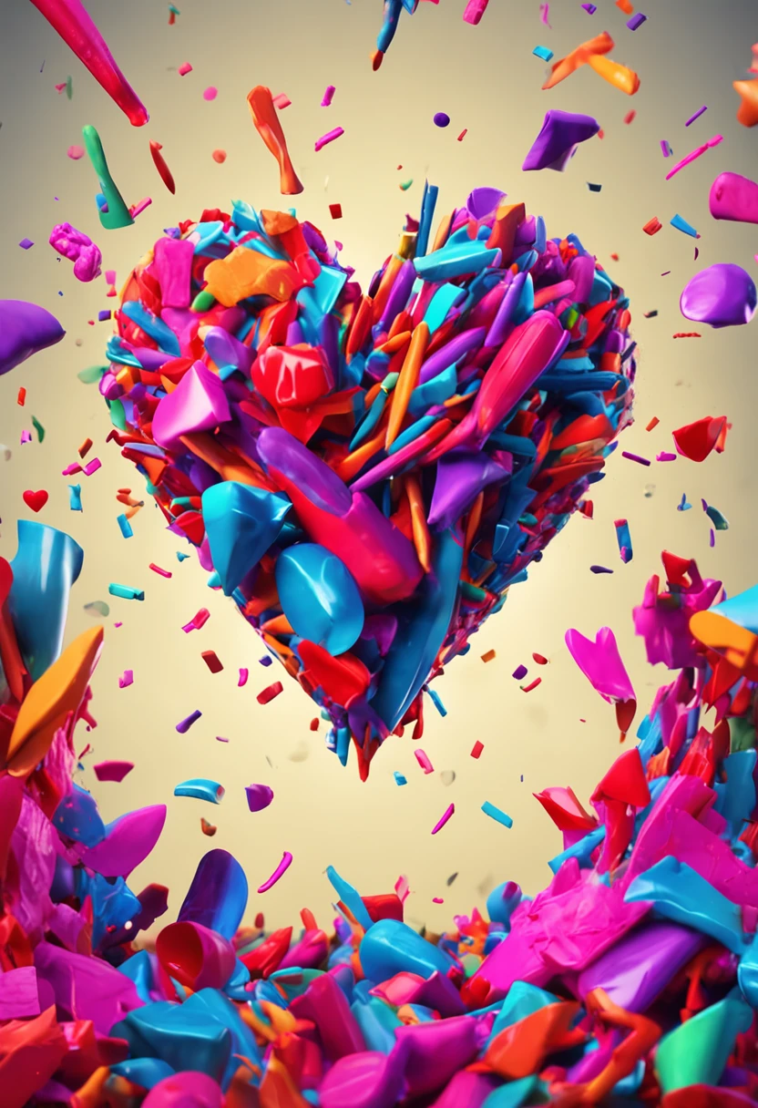 giant heart exploding with wax crayon shaped crayons 3d render, broken crayons, text "appelt art" vibrant historical super charged augmented reality poster