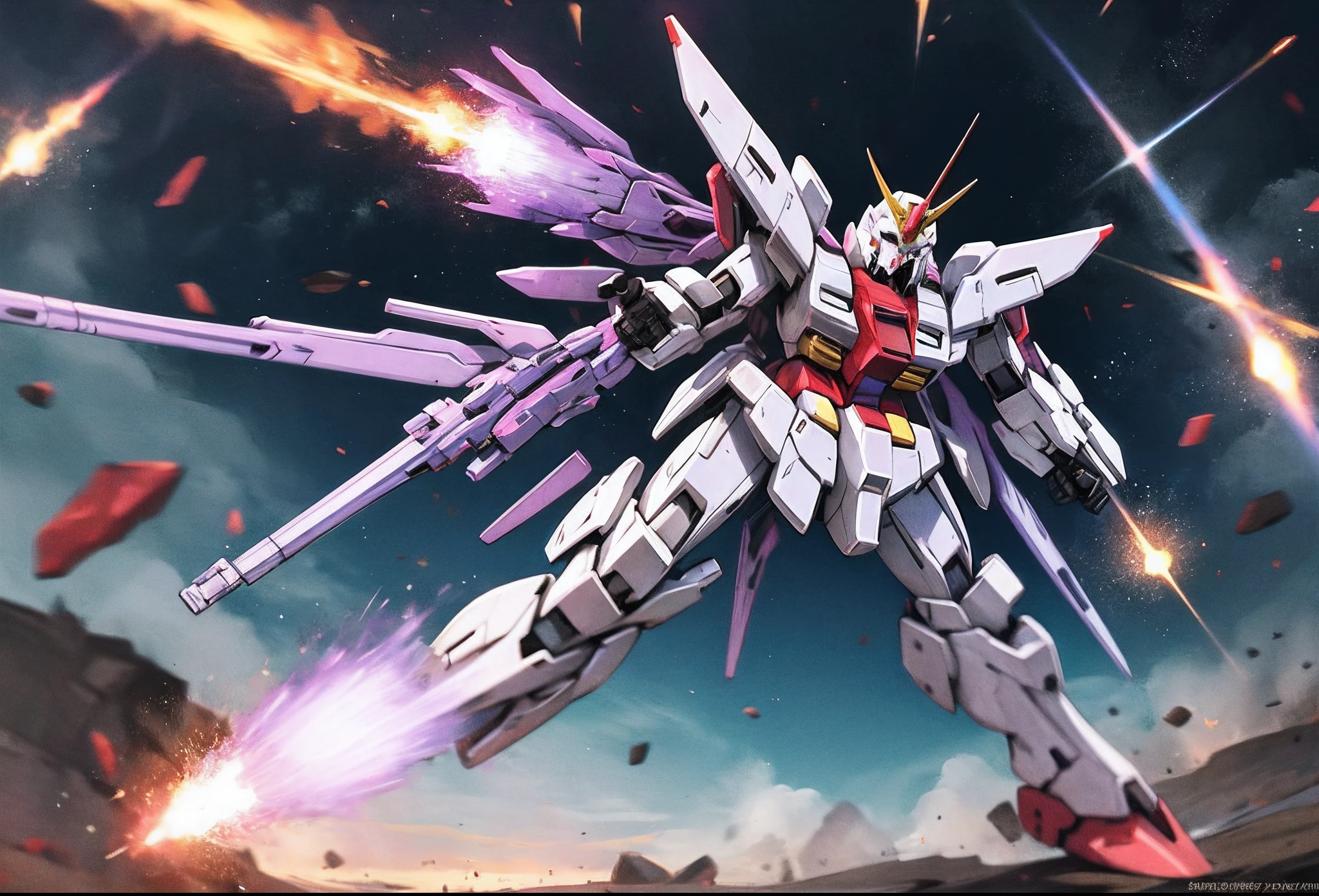Real、high resolution、8K、The Strike Freedom Gundam stands in space emitting pink light particles.、Particles of light surround the aircraft、Facing the camera、
