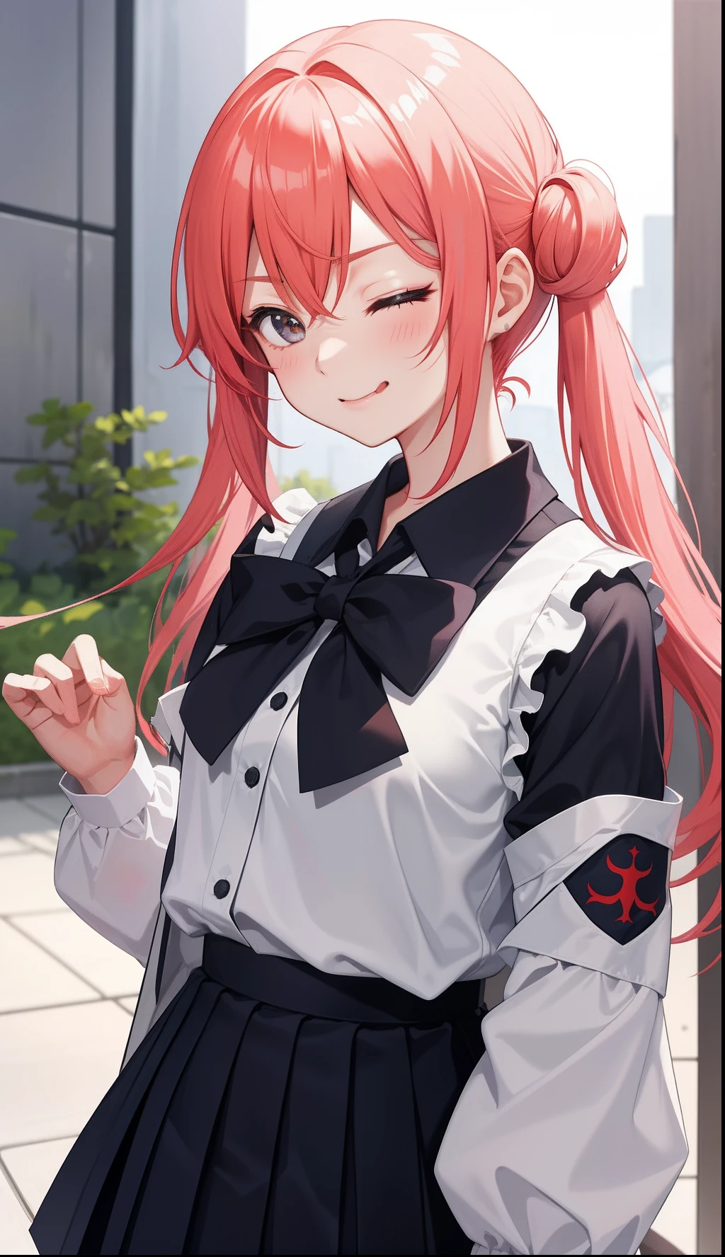 1girl in、AS-Adult、glad、But、angry、Smiling、one eye closed、put out the tongue、、Tsundere、、(Akkanbe)The shirt、skirt by the、(small tits)Chilarism、Japan High School Student Uniform、serafuku、summer clothing、(Sheer Bra)、Upper body portrait、the wind、