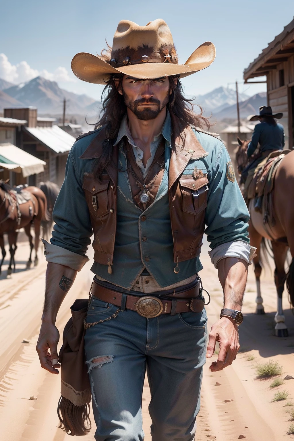 (top Quority，8K high-definition，detail-rich)，Western cowboy，He carried a revolver around his waist，There is a little messy hair under the cowboy hat，Leading a wild horse，Walk in tribal towns