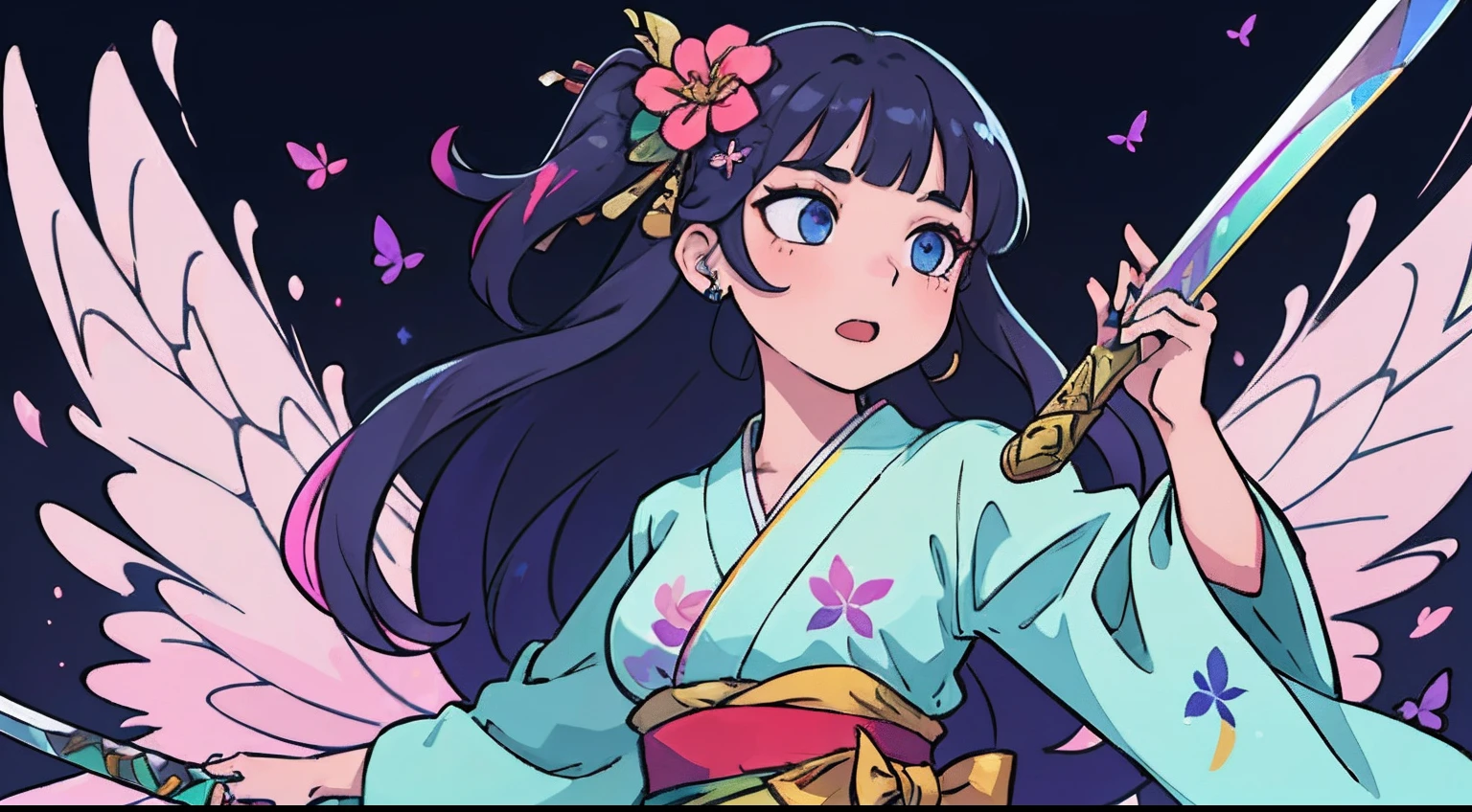 s girl、Practice dancing with a sword、Fine pattern Japan sword、Face up、ultradetailed eyes、Rainbow painting drops、Full Paint、Splash、Long color hair、Paint Kimono、Super luxury kimono、Rainbow Paint Kimono、（hair adornments、耳Nipple Ring、Floral hair ornament、butterfly hair ornament）、Sword Practice