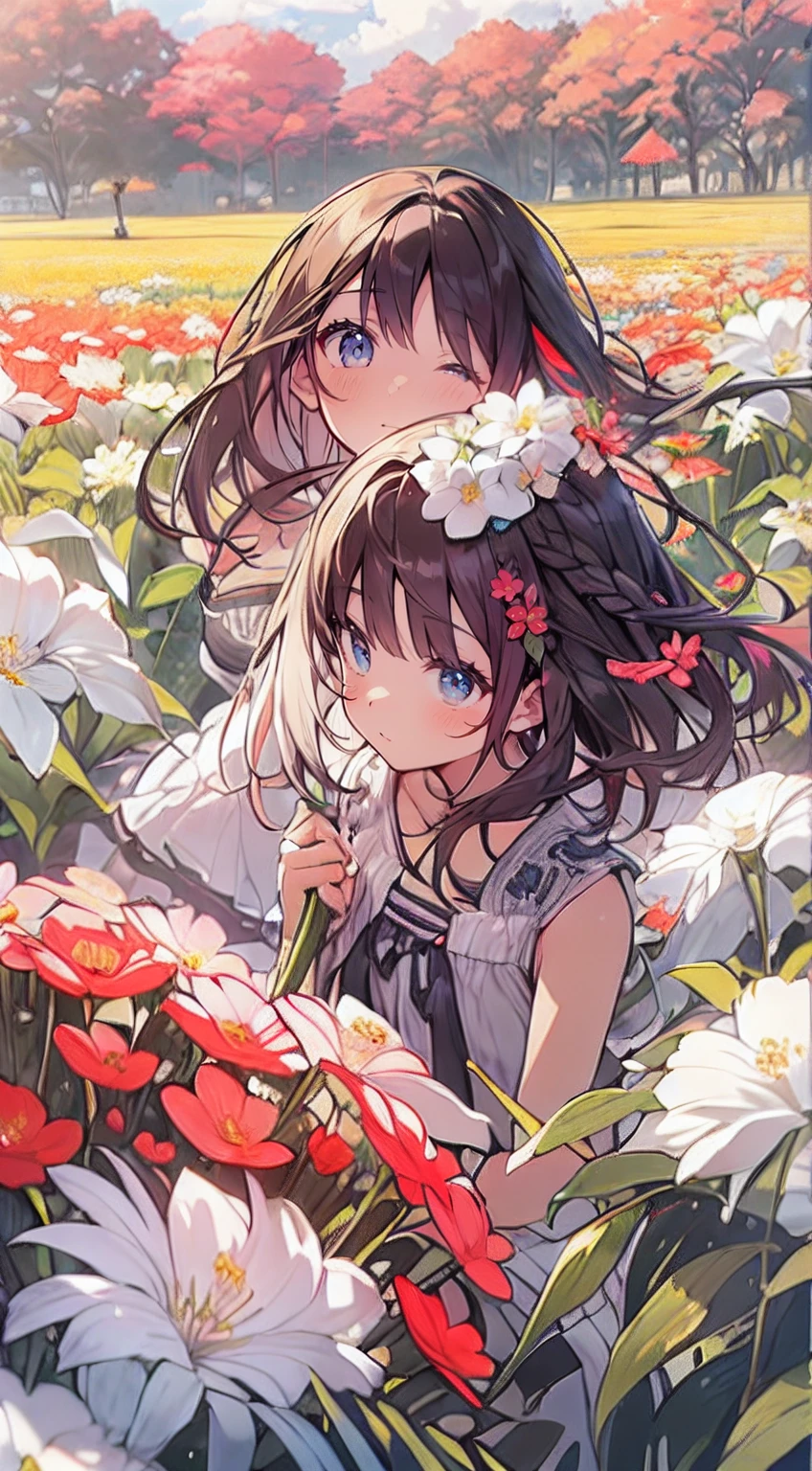 masutepiece, Best Quality,Illustration, Wallpaper, Ultra Detail, Absurd beauty、1 beautiful girl、 (Short hair、short braided hair), Beautiful ultra-detailed eyes , Hair fluttering in the wind、Keep your head small、flower field、great outdoors、Landscape of the flower garden