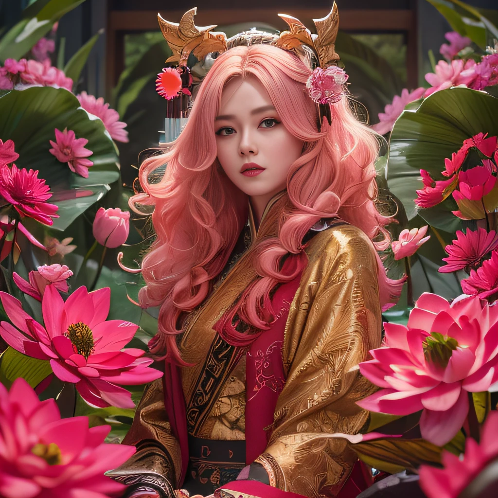 32K（tmasterpiece，k hd，hyper HD，32K）Large flowing curls，Flowing rouge，ponds，zydink， a color，  Asian people （Confused girl）， （Silk scarf）， Combat posture， looking at the ground， Large rolls of rouge， Flowing rouge curls， Crocodile skin skull headdress， Chinese long-sleeved clothing， （abstract ink splash：1.2）， Pink lotus background，Water lily flower protector（realisticlying：1.4），Rouge hair，Autumn is in full swing，The background is pure， A high resolution， the detail， RAW photogr， Sharp Re， Nikon D850 Film Stock Photo by Jefferies Lee 4 Kodak Portra 400 Camera F1.6 shots, Rich colors, ultra-realistic vivid textures, Dramatic lighting, Unreal Engine Art Station Trend, cinestir 800，Large curls，Flowing rouge