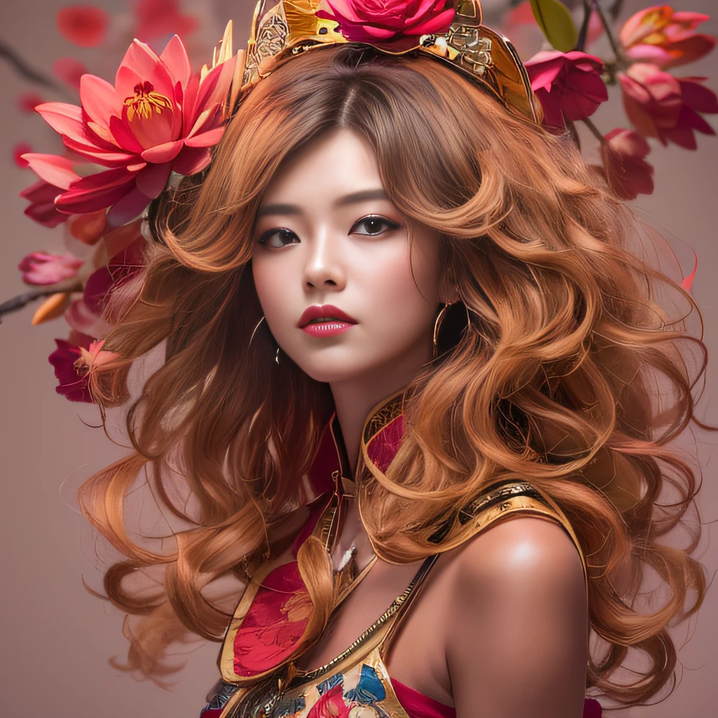 32K(tmasterpiece,k hd,hyper HD,32K)Large flowing curls,Flowing rouge,ponds,zydink, a color, Asian people (Confused girl), (Silk scarf), Combat posture, looking at the ground, Large rolls of rouge, Flowing rouge curls, Crocodile skin skull headdress, Chinese long-sleeved clothing, (abstract ink splash:1.2), Pink lotus background,Water lily flower protector(realisticlying:1.4),Rouge hair,Autumn is in full swing,The background is pure, A high resolution, the detail, RAW photogr, Sharp Re, Nikon D850 Film Stock Photo by Jefferies Lee 4 Kodak Portra 400 Camera F1.6 shots, Rich colors, ultra-realistic vivid textures, Dramatic lighting, Unreal Engine Art Station Trend, cinestir 800,Large curls,Flowing rouge