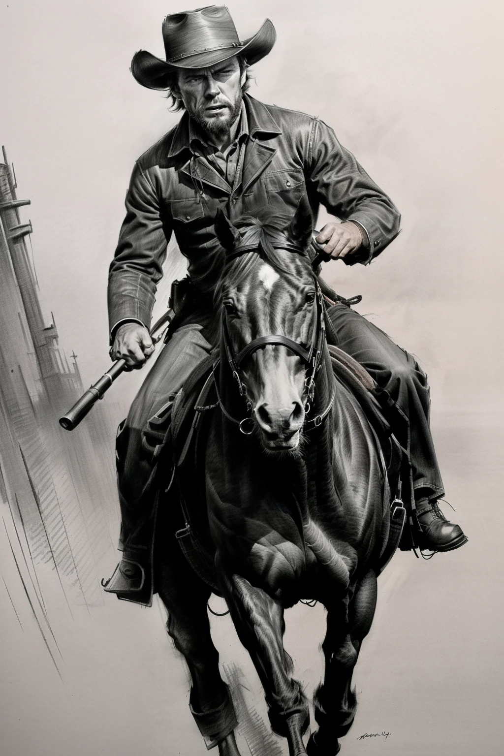 a close up of a poster of a cowboy holding guns, style of a clint eastwood movie, western film, [ western film ], clint eastwood, django, an epic western, inspired by Clint Cearley, spaghetti western, gunslinger, the gunslinger, western gunslinger, in the style of clint cearley, oldwest , ((angry 1.4)), raiding a running horse, Screaming, with hat, action, dark side, Mystery , Dark Background, ((( Rough charcoal sketch))), very detailed of light on, , white background. Rough charcoal sketch on old paper, line art ,in the style of Andrew Loomis, dynamic brushwork, masterpiece artwork, (((view from low angle))), action to shoot with gun,,