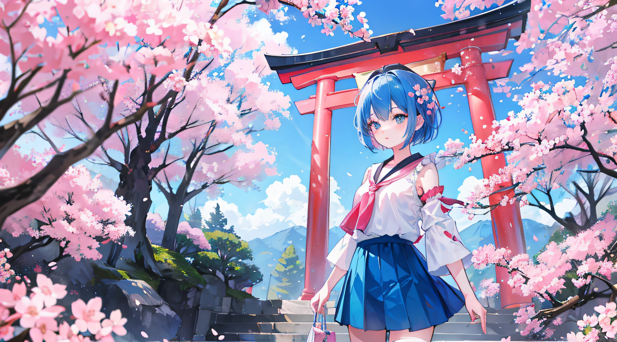 A girl,blue short hair,torii,cherry blossom forest