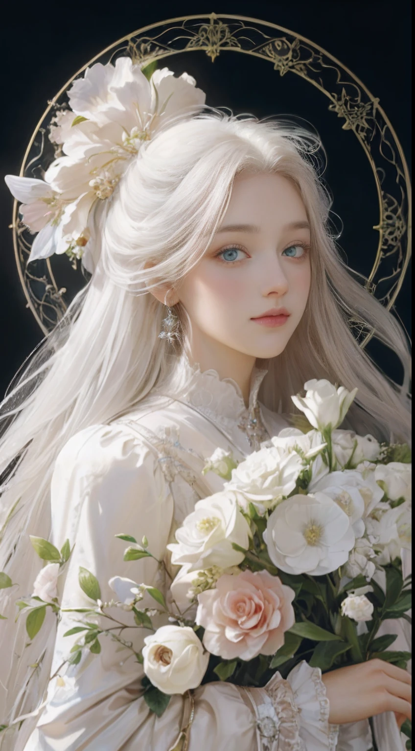 ((gorgeous princess)), (with long flowing white hair), (bright and beautiful eyes), trending on Art Station, flower of hope by Jean-Honor Fragonard, Peter mohrbacher, super detailed, crazy details , stunning sophisticated elite art nouveau ornate liquid wax elegant luxurious greg rutkowski ink style sticker vector art beautiful character design double exposure shot luminous design, winning entry, masterpiece, amoled black background,