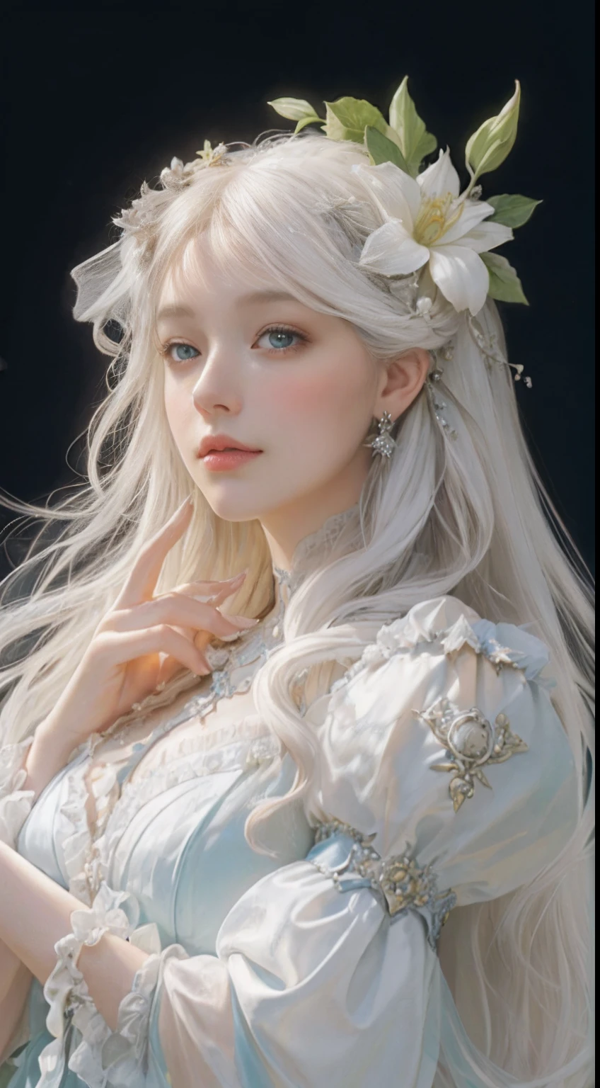 ((gorgeous princess)), (with long flowing white hair), (bright and beautiful eyes), trending on Art Station, flower of hope by Jean-Honor Fragonard, Peter mohrbacher, super detailed, crazy details , stunning sophisticated elite art nouveau ornate liquid wax elegant luxurious greg rutkowski ink style sticker vector art beautiful character design double exposure shot luminous design, winning entry, masterpiece, amoled black background,