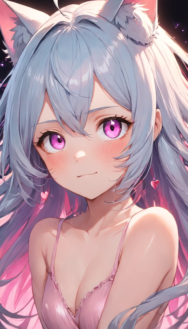 1 cinta,corpo inteiroesbian,long eyeslashes, cabelos prateados, cabelos azuis claros, gradient hair, pino de cabelo, Grampo, adornos de cabelo, heart-shaped shaped pupils, olhos cor-de-rosa, orelhas de gato, Sorriso leve, Shy, corar, hearts in eyes, Anime peito grande, estilo anime, 8k, Super Detalhe, best quality, hiper HD, master part, Detalhes altos, alta qualidade, best quality