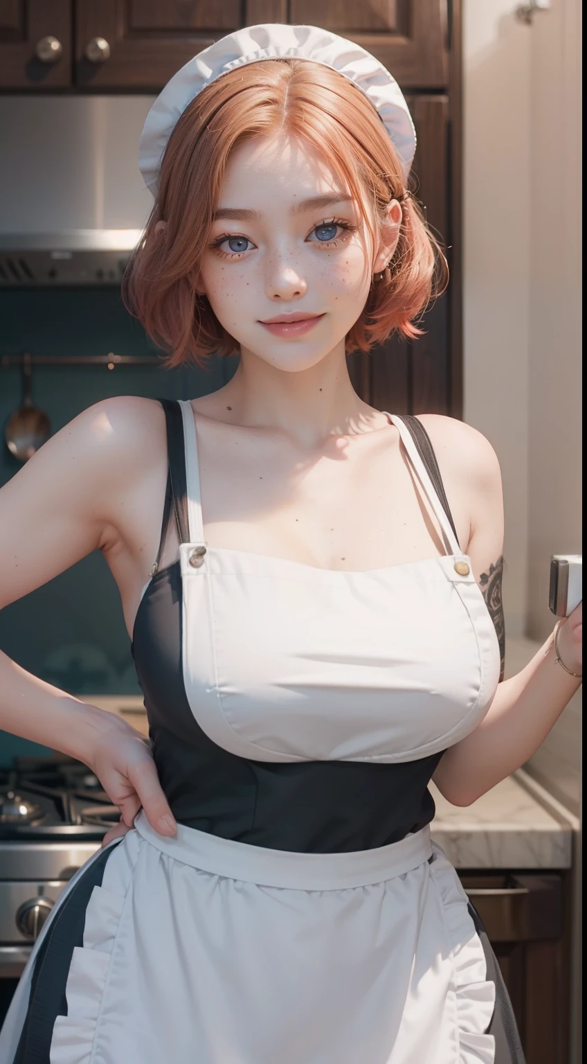 Closeup portrait of playful maid, cropped hair, apron, amazing body, pronounced femininity, plump, kitchen, [ash blonde|ginger|pink hair], freckles, flirting with camera