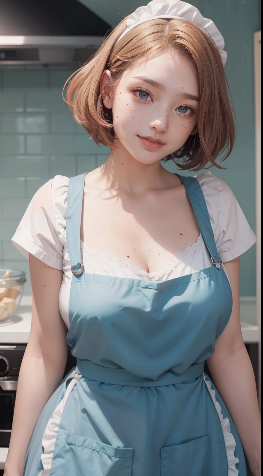 Closeup portrait of playful maid, cropped hair, apron, amazing body, pronounced femininity, plump, kitchen, [ash blonde|ginger|pink hair], freckles, flirting with camera