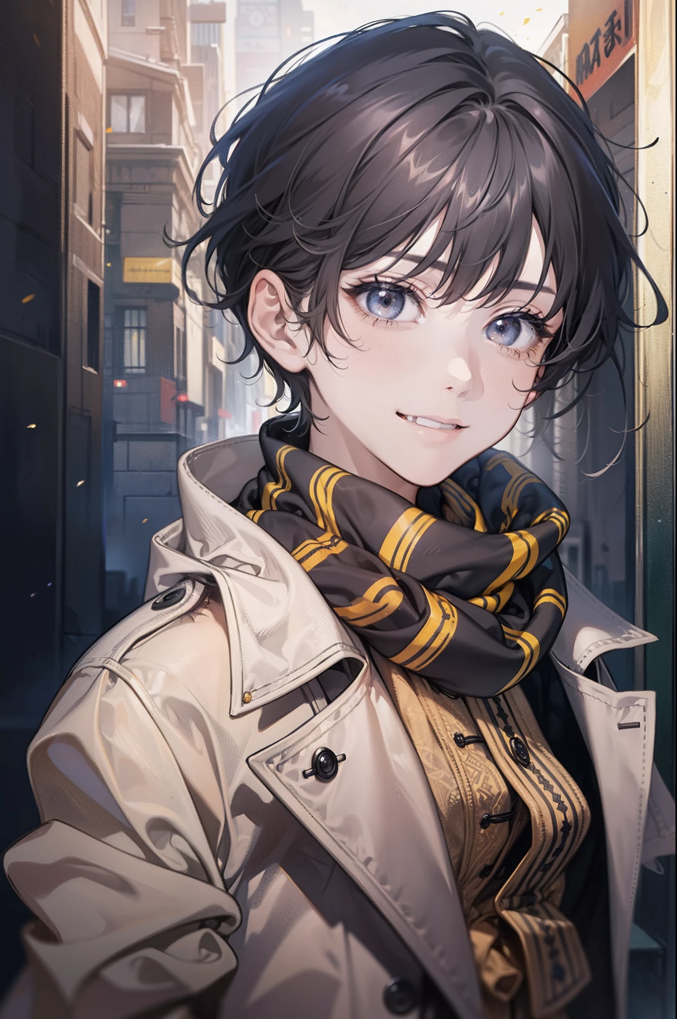 1 man，Childish feelings， Short dark gray hair，Amber eyes，adorable smile，Wear a scarf，Wear a modern beige trench coat，looks into camera，Face portrait