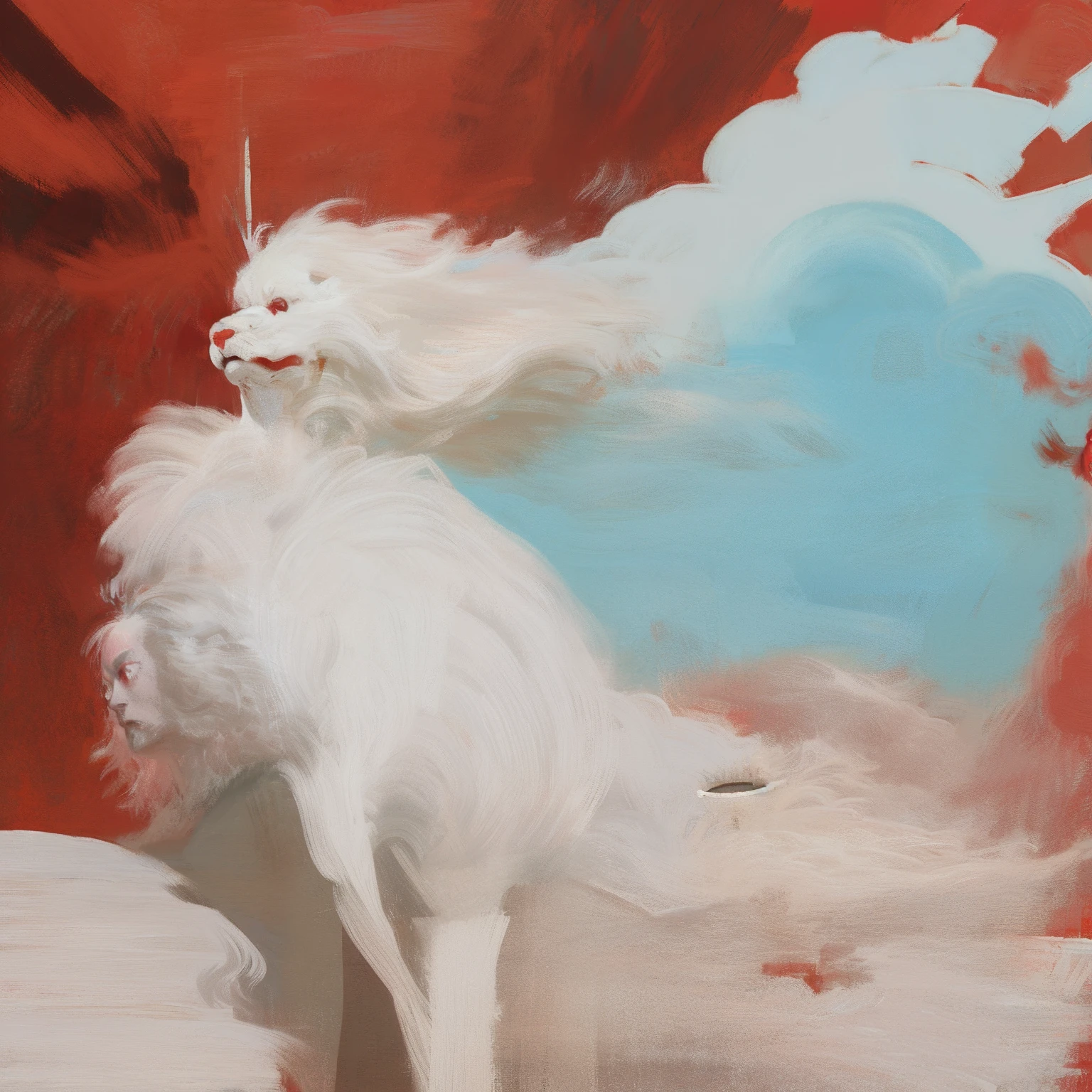 White dog painting on red background, On a red background, white hair floating in air, painting of cute dog, wind - swept, windy day, wind blown，hair flowing, an acrylic painting, Windswept, wind blown, painted in acrylic, hairs fly in the wind, wind blown, flowing fur, fluffy'', hair in wind