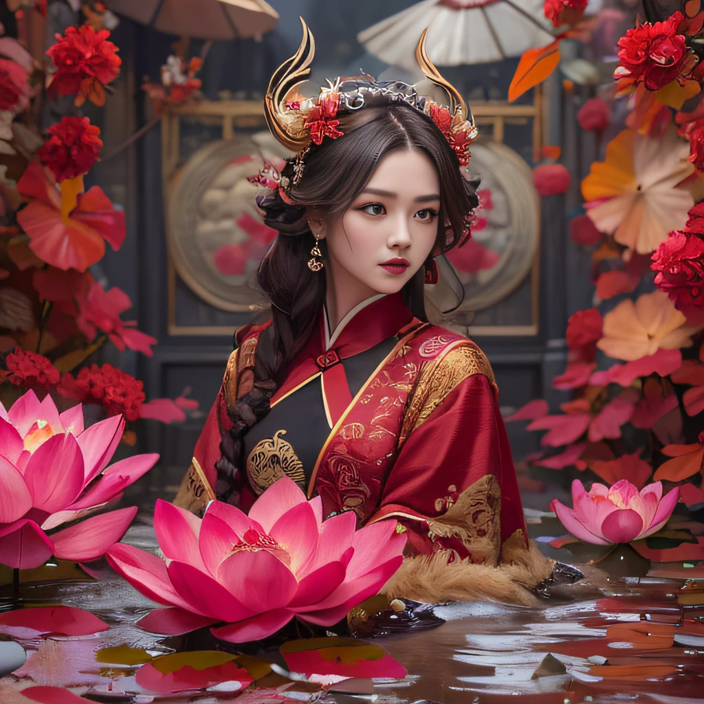 32K(tmasterpiece,k hd,hyper HD,32K)Large flowing curls,Flowing rouge,ponds,zydink, a color, Asian people (Silly girl), (Silk scarf), Combat posture, looking at the ground, Large rolls of rouge, Flowing rouge curls, Crocodile skin skull headdress, Chinese long-sleeved clothing, (abstract ink splash:1.2), Pink lotus background,Water lily flower protector(realisticlying:1.4),Rouge hair,Autumn is in full swing,The background is pure, A high resolution, the detail, RAW photogr, Sharp Re, Nikon D850 Film Stock Photo by Jefferies Lee 4 Kodak Portra 400 Camera F1.6 shots, Rich colors, ultra-realistic vivid textures, Dramatic lighting, Unreal Engine Art Station Trend, cinestir 800,Large curls,Flowing rouge