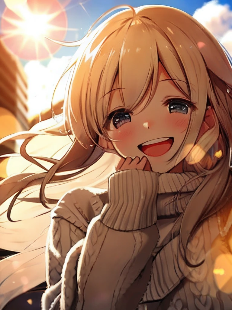 a girl, cosy sweater on, upper body, (huge Laughing:1.1), (open mouth:1.1), (wide open eyes:1.2), sun glare, bokeh, depth of field, blurry background, light particles, strong wind, (heart particles:1.1)