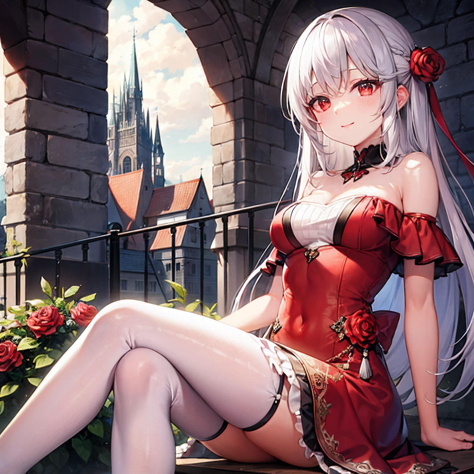 silber hair、red eyes、Beautiful girl alone、Fluffy dresses、off shoulders、Western-style castle、Bright red roses、sitting on、