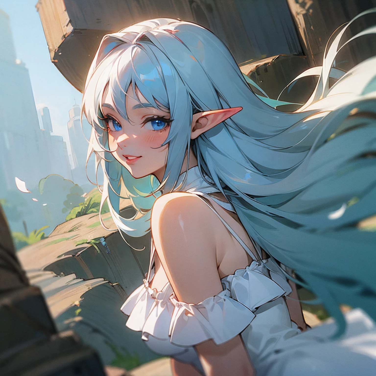 Anime-style image of an elf with white, straight, large, fringed hair. Blue eyes, fair skin, delicate appearance, smiling, reddened lips and wearing a simple white dress.